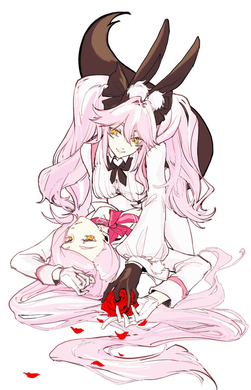 2girls animal_ear_fluff animal_ears black_bow black_gloves bow breasts earrings fate/grand_order fate_(series) flower fox_tail gloves hair_between_eyes hair_spread_out hairbow highres holding holding_flower jacket jewelry koyanskaya_(assassin)_(second_ascension)_(fate) koyanskaya_(fate) koyanskaya_(foreigner)_(first_ascension)_(fate) large_breasts long_hair long_sleeves looking_at_another lying multiple_girls on_back on_floor petals pink_hair rabbit_ears red_flower red_petals red_rose rose rose_petals scarf shirt simple_background smile straddling tail tamamo_(fate) tong13441273 twintails very_long_hair white_background white_gloves yellow_eyes yuri