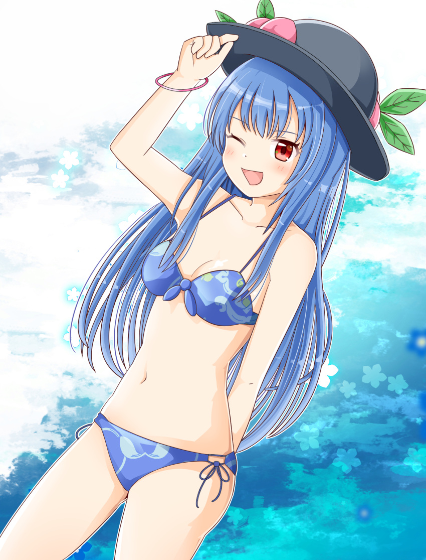 alternate_costume arm_behind_back bikini black_hat blue_bikini blue_hair blush commentary_request female food fruit hat hat_ornament highres hinanawi_tenshi leaf leaf_hat_ornament long_hair midriff navel one_eye_closed open_mouth peach peach_hat_ornament red_eyes rozugadena side-tie_bikini_bottom smile solo swimsuit touhou very_long_hair