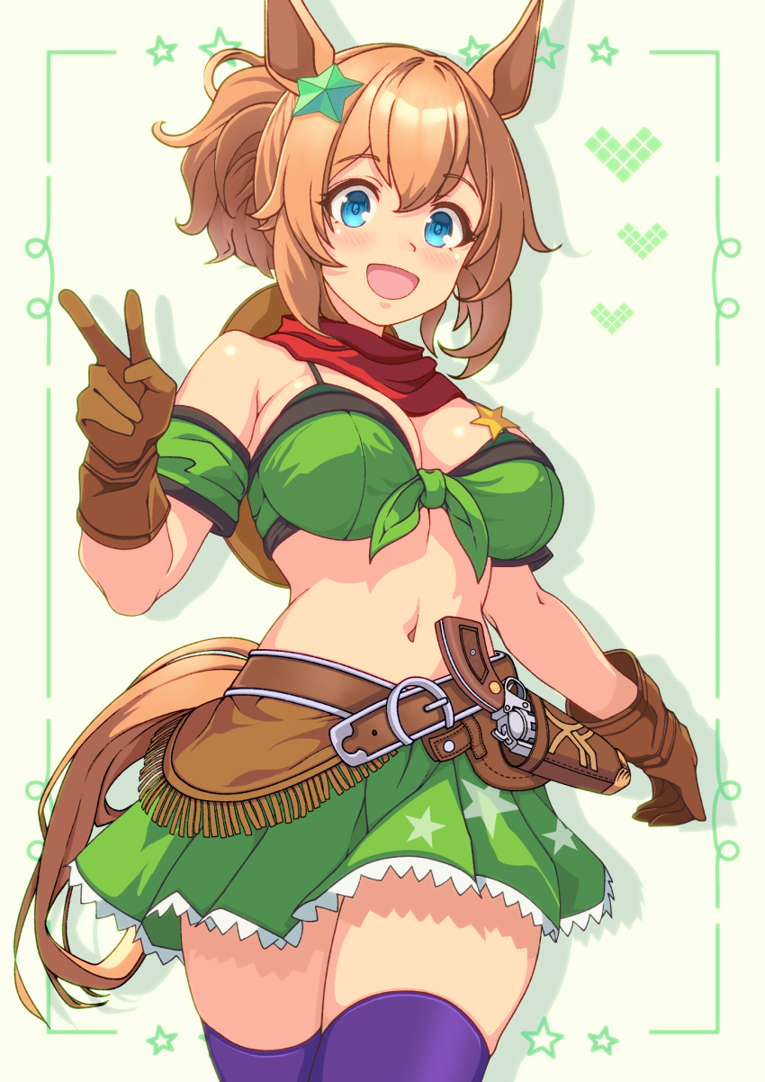 :d animal_ears bandeau bare_shoulders belt blue_eyes blush breasts brown_belt brown_gloves brown_hair cleavage colt_single_action_army commentary_request cowboy_hat cowboy_shot elbow_gloves female gloves green_bandeau green_skirt gun hair_between_eyes hair_ornament hat hat_on_back highres holstered horse_ears horse_girl horse_tail kaicho_(kaicho_p) large_breasts long_hair looking_at_viewer midriff miniskirt navel open_mouth ponytail purple_thighhighs red_scarf revolver scarf shadow sheriff_badge sidelocks skindentation skirt smile solo standing star_(symbol) star_hair_ornament taiki_shuttle_(umamusume) tail thighhighs umamusume v weapon zettai_ryouiki