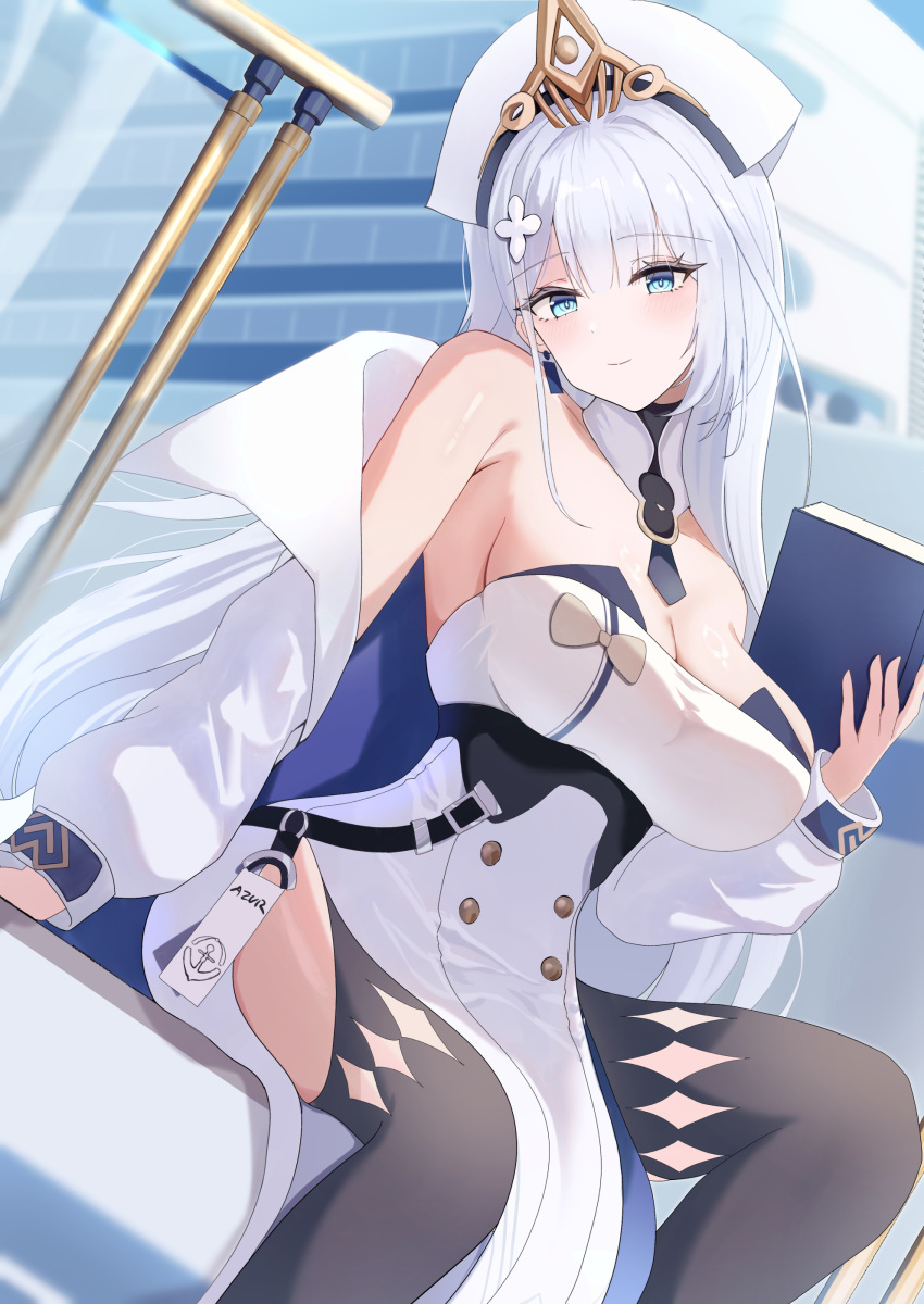 absurdres azur_lane blue_eyes book breasts cleavage coat dutch_angle emden_(azur_lane) emden_(duet_of_guiding_stars)_(azur_lane) female hat highres holding holding_book large_breasts long_hair long_sleeves looking_at_viewer official_alternate_costume pelvic_curtain puffy_long_sleeves puffy_sleeves solo uaru very_long_hair white_coat white_hair white_hat