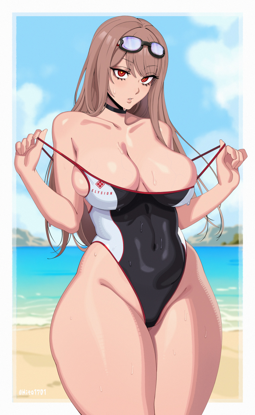 absurdres bare_arms bare_shoulders beach black_choker black_one-piece_swimsuit blue_sky blurry blurry_background border breasts brown_hair choker cleavage clothes_pull clothes_writing cloud collarbone commentary covered_navel cowboy_shot day female goddess_of_victory:_nikke goggles goggles_on_head groin hair_between_eyes hands_up highleg highleg_one-piece_swimsuit highres hito_kirii large_breasts light_blush long_hair looking_at_viewer official_alternate_costume one-piece_swimsuit one-piece_swimsuit_pull outdoors outside_border parted_lips pulling_own_clothes rapi_(classic_vacation)_(nikke) rapi_(nikke) red_eyes sidelocks sky solo standing strap_pull swim_goggles swimsuit thick_thighs thighs twitter_username two-tone_swimsuit veins veiny_breasts w_arms water wavy_hair wet wet_clothes wet_swimsuit white_border white_one-piece_swimsuit yellow_pupils