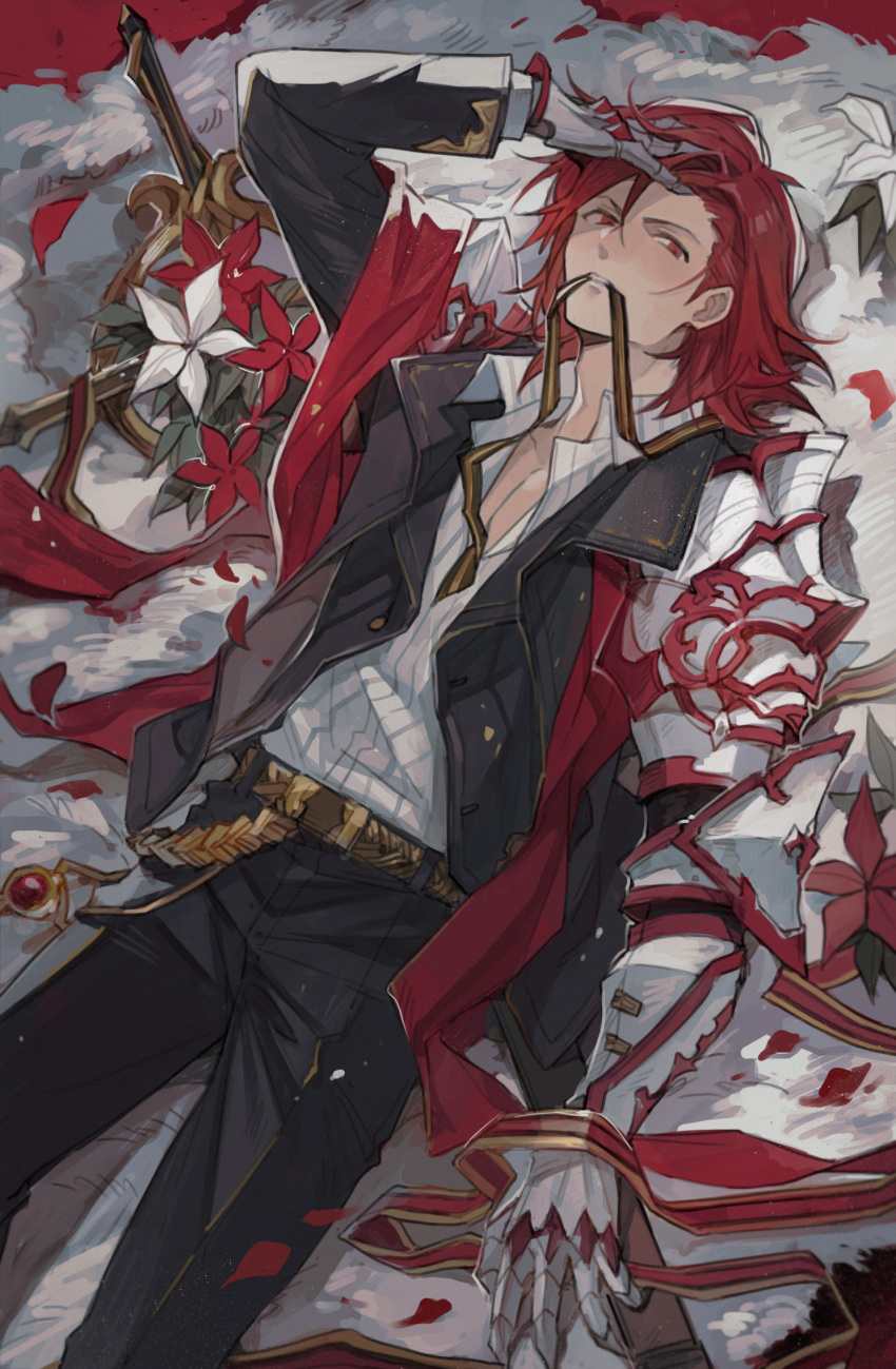 1boy belt blush commentary flower granblue_fantasy highres jacket looking_at_viewer luminous_slime lying male_focus medium_hair mouth_hold on_back open_clothes open_shirt pants percival_(granblue_fantasy) red_eyes red_hair shirt solo symbol-only_commentary white_shirt