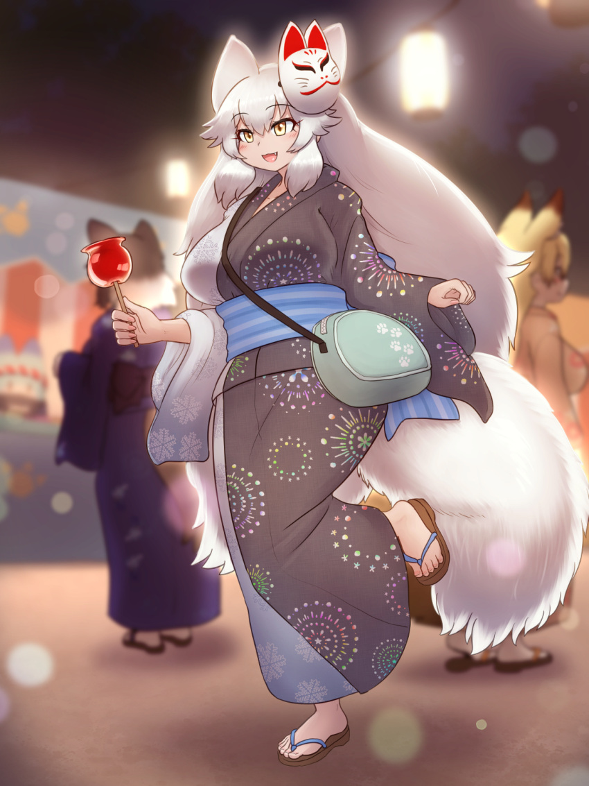 3girls animal_ears arctic_fox_(kemono_friends) blonde_hair blush breasts candy_apple extra_ears festival fireworks_print food fox_ears fox_girl fox_tail grey_hair hair_between_eyes highres holding holding_food japanese_clothes kemono_friends kemono_friends_3 kimono large_breasts long_hair mask mask_on_head mo23 multicolored_hair multiple_girls obi oerba_yun_fang sash silver_fox_(kemono_friends) summer_festival tail tanuki_(kemono_friends) white_fur