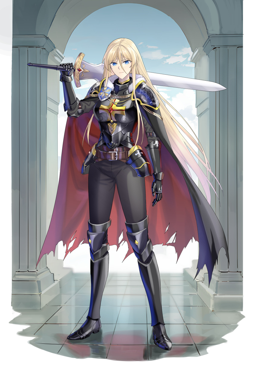 absurdres alternate_costume armor armored_boots azur_lane bismarck_(azur_lane) bismarck_(coat_of_arms) black_armor blonde_hair blue_eyes boots cloak commentary commission english_commentary female full_body gauntlets greaves hair_between_eyes highres holding holding_sword holding_weapon long_hair reflective_floor suprii sword tile_floor tiles weapon