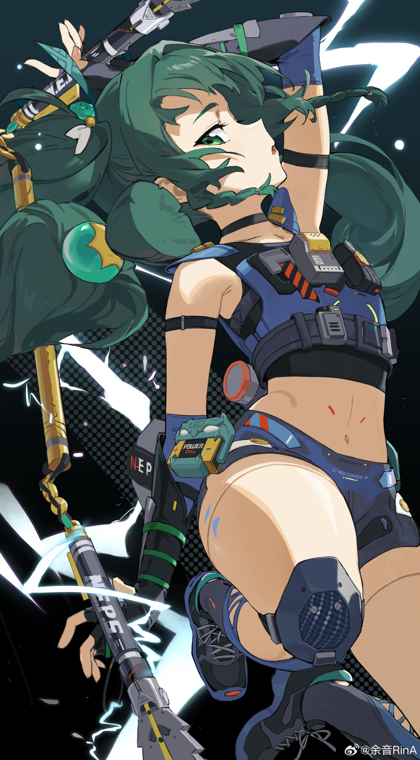 absurdres android arm_up battery black_buruma black_footwear black_shirt black_socks blue_vest braid buruma crop_top electricity english_text female fingerless_gloves flat_chest gloves green_eyes green_hair highres holding holding_weapon knee_pads long_hair looking_to_the_side midriff navel open_mouth pouch qingyi_(zenless_zone_zero) radio shirt socks solo thick_thighs thighs vest weapon weibo_watermark wide_hips yuyin_(uzrv7533) zenless_zone_zero