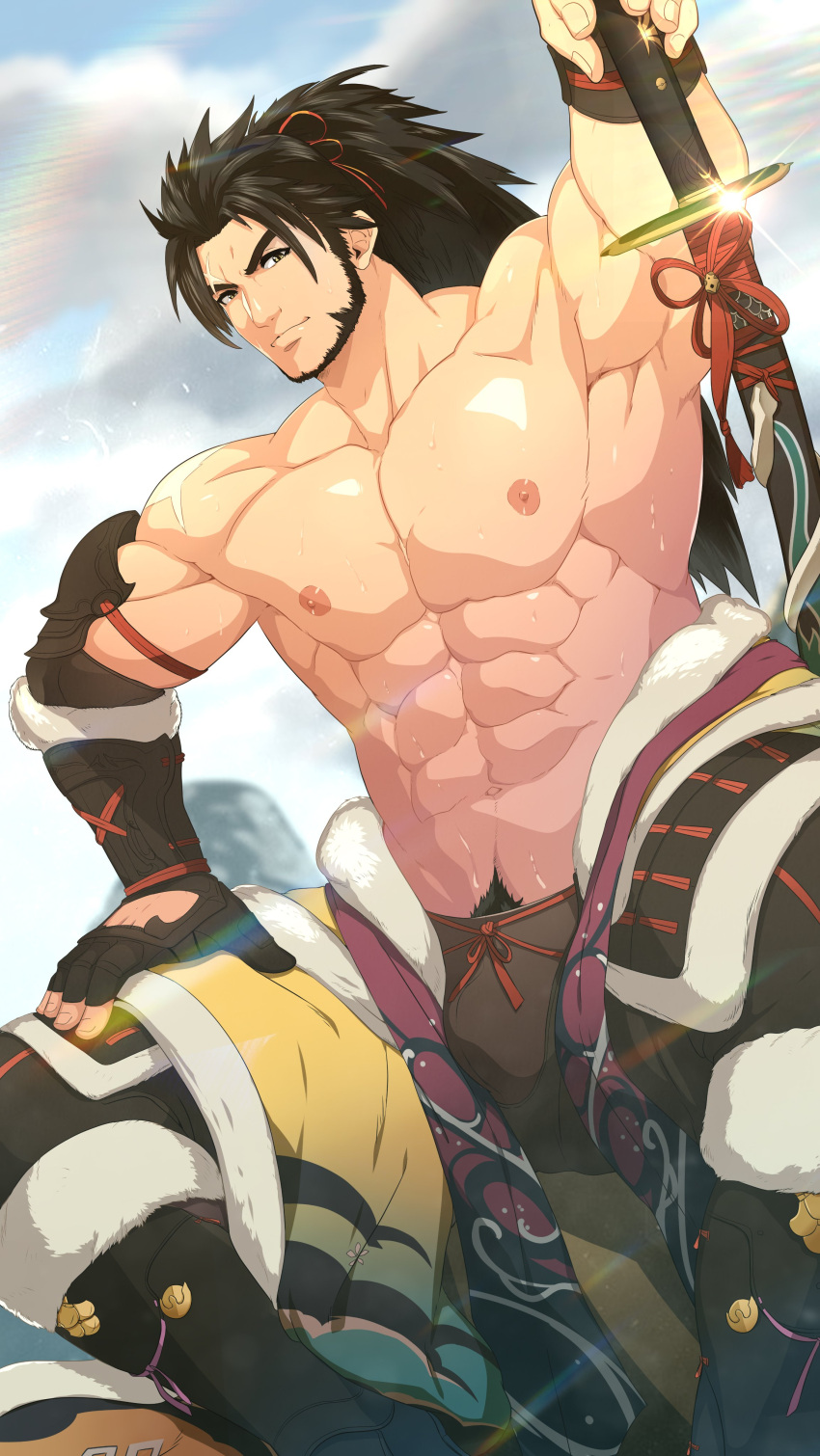 1boy abs absurdres bara black_gloves black_hair brown_pants closed_mouth final_fantasy final_fantasy_xiv gloves hien_rijin highres holding holding_weapon large_pectorals long_hair male_focus mazjojo muscular muscular_male navel nipples paid_reward_available pants partially_fingerless_gloves pectorals ponytail single_glove smile solo weapon