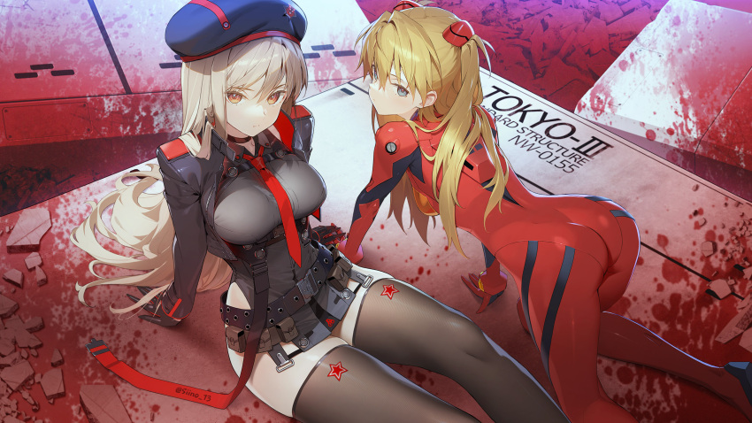 2girls all_fours beret black_gloves black_thighhighs blonde_hair blood blood_stain blue_eyes bodysuit breasts cropped_jacket gloves goddess_of_victory:_nikke hat highres interface_headset jacket light_brown_hair long_hair looking_at_viewer medium_breasts multiple_girls necktie neon_genesis_evangelion open_clothes open_jacket plugsuit rapi_(nikke) red_bodysuit red_necktie siino sitting small_breasts souryuu_asuka_langley thighhighs twitter_username very_long_hair yellow_eyes