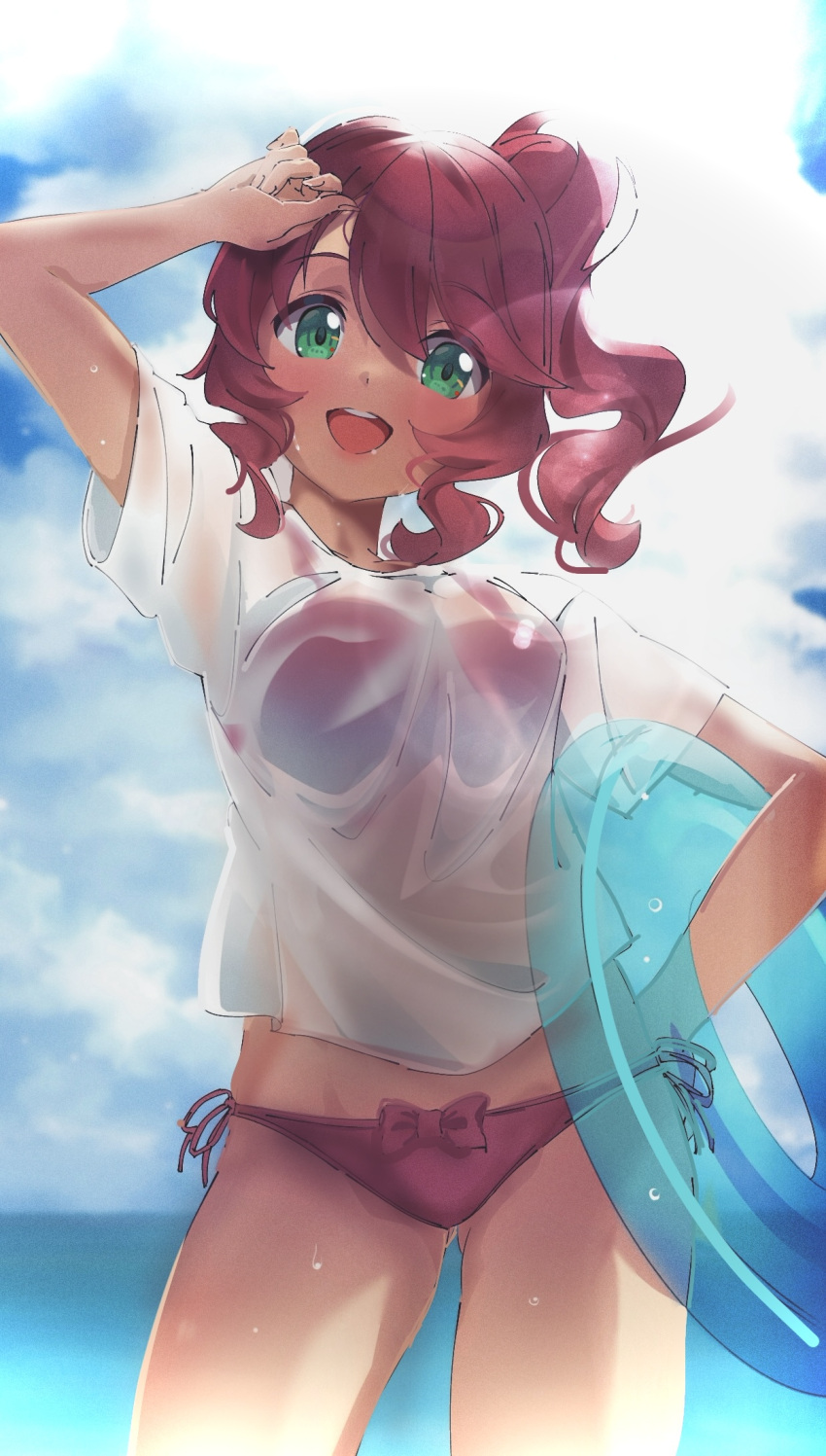 bikini blue_sky cloud day female green_eyes hand_on_own_hip highres horizon innertube long_hair looking_at_viewer maplestory ocean open_mouth outdoors oz_(maplestory) red_bikini red_hair round_teeth see-through see-through_shirt shirt side_ponytail sky smile solo swim_ring swimsuit t-shirt teeth tuyuri upper_teeth_only