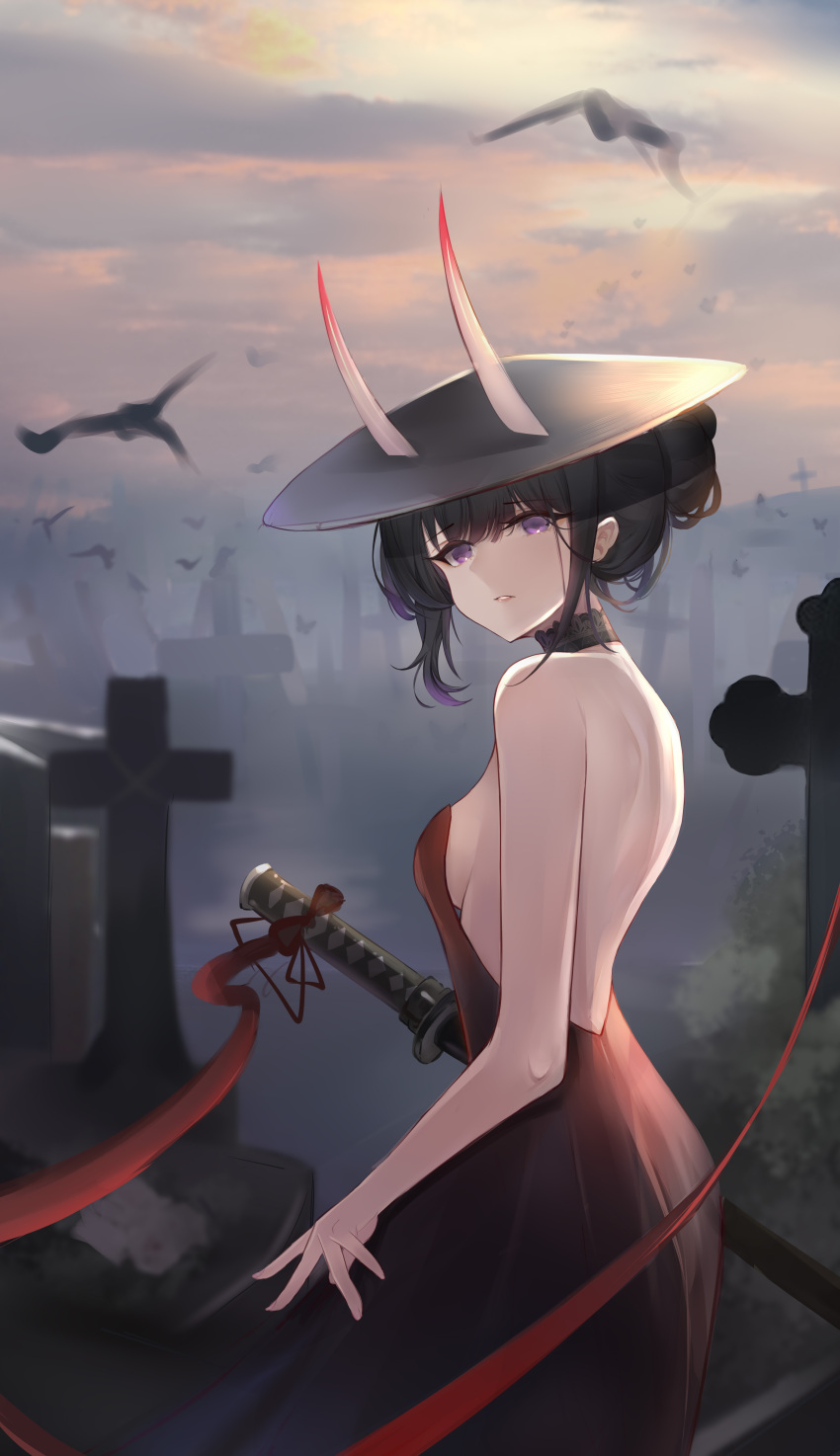 absurdres alternate_costume alternate_hairstyle azur_lane backless_dress backless_outfit black_hair black_hat breasts cowboy_shot dress female graveyard hat highres horns looking_at_viewer medium_breasts noshiro_(azur_lane) oni purple_eyes red_dress red_ribbon ribbon sheath sheathed solo xifanqvq