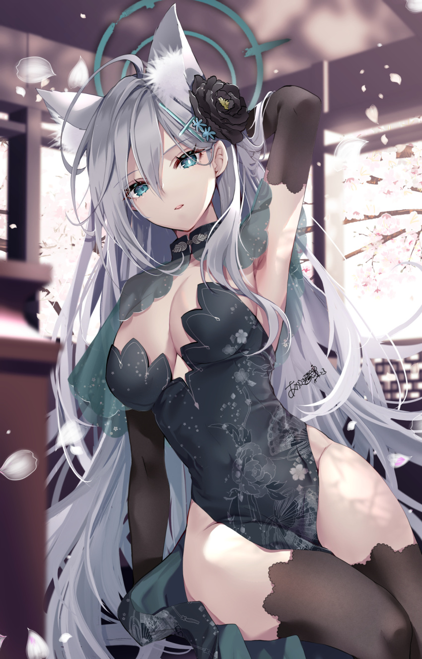 akatsuki_hijiri animal_ears arm_up armpits black_dress blue_archive blue_eyes breasts bright_pupils cat_ears cross_hair_ornament dress falling_petals female floral_print flower grey_hair hair_between_eyes hair_flower hair_ornament halo highres large_breasts long_hair looking_at_viewer mismatched_pupils parted_lips pelvic_curtain petals shiroko_(blue_archive) shiroko_terror_(blue_archive) sitting solo thighhighs thighs white_pupils white_thighhighs