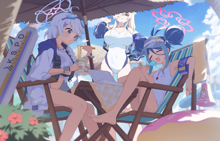 3girls absurdres barefoot beach_umbrella blonde_hair blowing_on_food blue_archive blue_eyes blue_hair blue_sky breasts chair chopsticks closed_eyes cloud commentary_request competition_swimsuit covered_navel cup cup_ramen day double_bun eating feet food foot_out_of_frame fubuki_(blue_archive) fubuki_(swimsuit)_(blue_archive) hair_bun halo hand_on_own_hip highres holding holding_chopsticks holding_cup holding_food holding_popsicle instant_ramen jacket kanna_(blue_archive) kanna_(swimsuit)_(blue_archive) kirino_(blue_archive) kirino_(swimsuit)_(blue_archive) large_breasts long_hair looking_at_another looking_at_food lounge_chair multiple_girls noodles official_alternate_costume old_school_swimsuit one-piece_swimsuit open_clothes open_jacket open_mouth outdoors pink_eyes pink_halo popsicle purple_hair purple_halo same_(samefgo) school_swimsuit sitting sky standing swimsuit table toes track_jacket umbrella visor_cap whistle whistle_around_neck white_hair white_one-piece_swimsuit