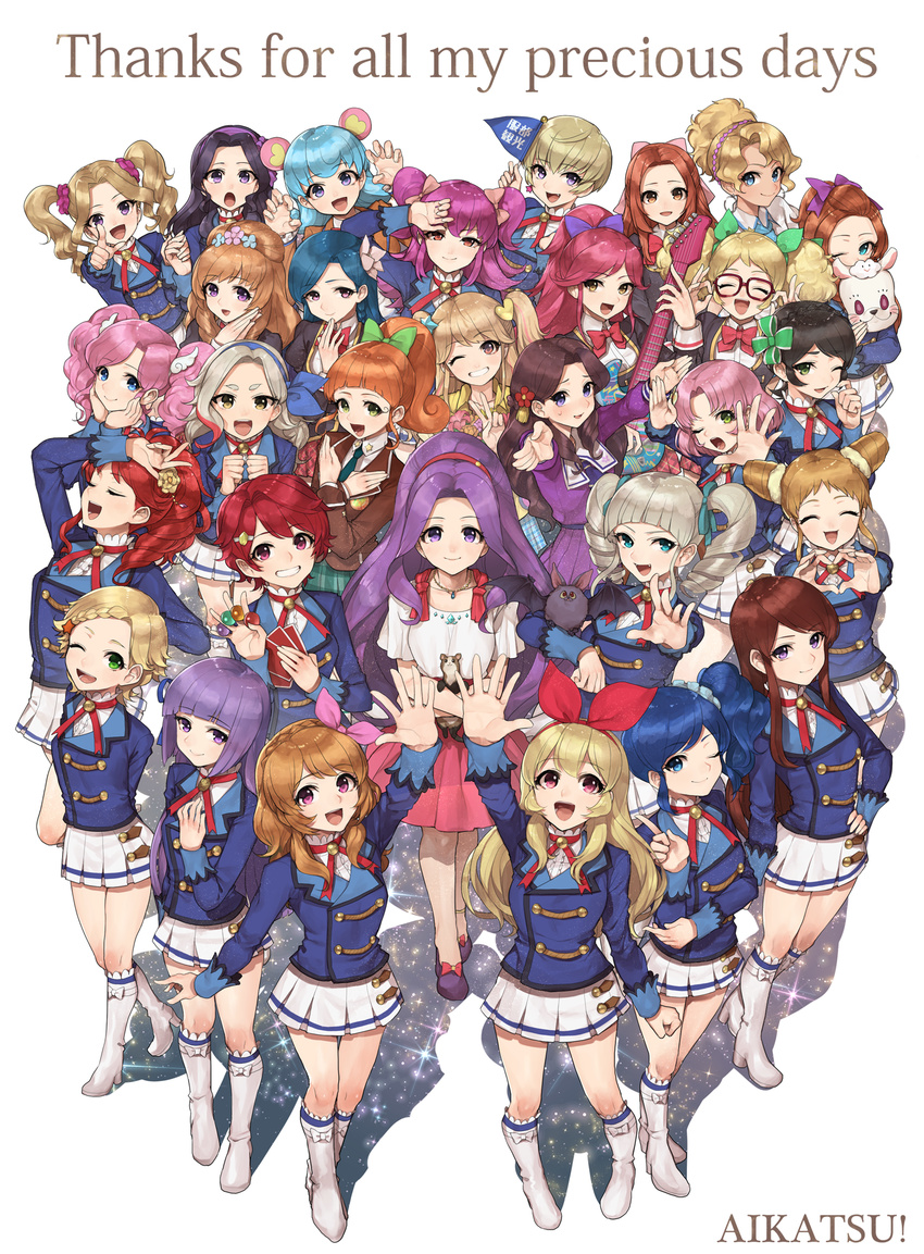 4-fingers_heart_hands 6+girls aikatsu! aikatsu!_(series) alan_(aikatsu!) amahane_madoka arisugawa_otome arm_up arms_behind_back bat_(animal) black_hair blazer blonde_hair blue_eyes blue_hair boots brown_hair closed_eyes commentary_request cone_hair_bun daichi_nono doujima_nina dream_academy_school_uniform drill_hair etoile_academy_school_uniform everyone flag flower fujiwara_miyabi_(aikatsu!) glasses green_eyes grin guitar hair_bun hair_flower hair_ornament hair_ribbon hairband hand_on_own_hip hateruma_minami hattori_yu head_wings heart heart_hands highres hikami_sumire himesato_maria himezakura_girls'_academy_school_uniform hitoto hoshimiya_ichigo ichinose_kaede instrument jacket kamiya_shion kanzaki_mizuki kazesawa_sora kiriya_aoi kitaoji_sakura kurebayashi_juri kurisu_kokone kurosawa_rin_(aikatsu!) long_hair looking_at_viewer minowa_hikari multiple_girls natsuki_mikuru one_eye_closed open_mouth orange_hair otoshiro_noel otoshiro_seira ozora_akari pink_hair ponytail purple_eyes purple_hair red_eyes ribbon saegusa_kii saionji_tsubaki school_uniform scrunchie shibuki_ran shinjo_hinaki shirakaba_risa short_hair side_ponytail skirt smile starlight_academy_school_uniform thank_you todo_yurika twintails v wings