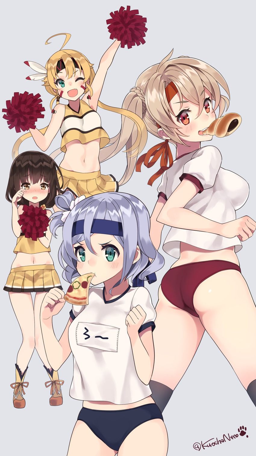 4girls :t ;d ahoge aqua_eyes arm_up armpits ass back bare_shoulders black_hair blonde_hair blue_buruma blue_hair blush bread_eating_race breasts brown_eyes brown_hair buruma cheerleader chocolate_cornet clenched_hands commentary_request eating feathers flower_knight_girl food food_in_mouth gaillardia_(flower_knight_girl) green_eyes gym_uniform hair_between_eyes hair_ornament headband helenium_(flower_knight_girl) highres jacket jpeg_artifacts jumping kinrenka_(flower_knight_girl) kneehighs knees_together_feet_apart kuro_chairo_no_neko large_breasts laurentia_(flower_knight_girl) light_brown_hair long_hair looking_at_viewer looking_back low_twintails midriff miniskirt mouth_hold multiple_girls name_tag navel oerba_yun_fang one_eye_closed open_mouth pizza pizza_slice pom_pom_(cheerleading) red_buruma red_eyes shoes short_hair short_sleeves simple_background skirt sleeveless smile sneakers socks tears tongue tongue_out track_jacket twintails twitter_username v-shaped_eyebrows wiping_tears yellow_skirt