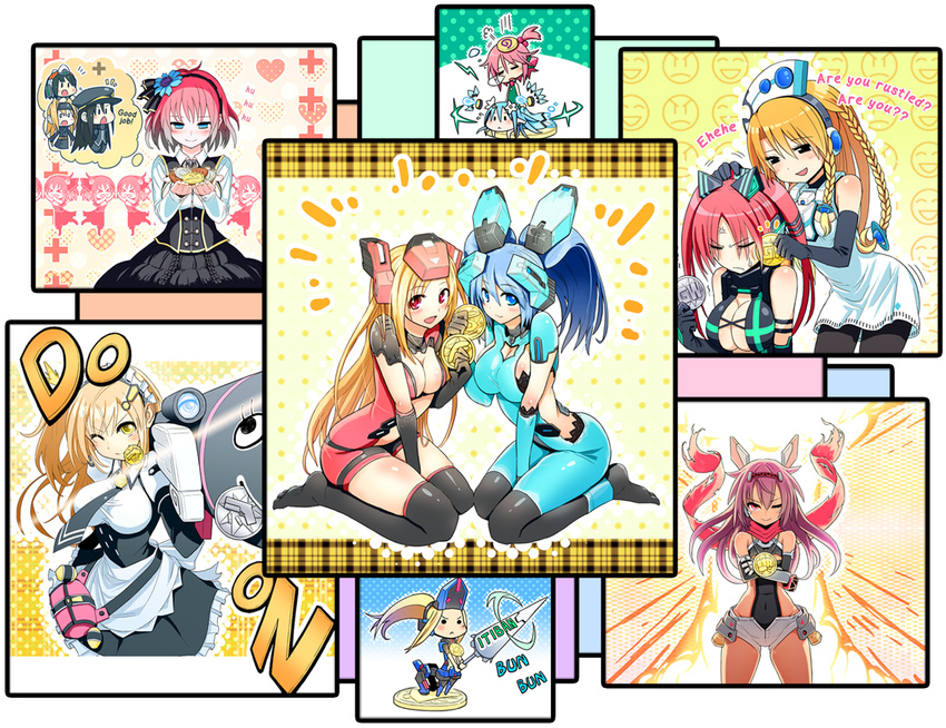 6+girls anger_vein animal_ears annoyed apron armor blonde_hair blue_eyes blue_hair braid brown_eyes cat_ears corona_cougar cosmic_break crimrose english_text flower gunbuster_pose hair_ornament heart ion_(cosmic_break) kuhl lance lazflamme lily_rain long_hair maid maid_apron maid_headdress mecha_musume medal mialy monica_gold multicolored_hair multiple_girls necktie nora_schneid pink_hair polearm polka_dot ponytail red_eyes red_hair rocket_launcher rouche rubbing scarf scope short_hair shorts skin_tight sleeping smile sound_effects thorns thought_bubble twintails two-tone_hair weapon winberrl yellow_eyes