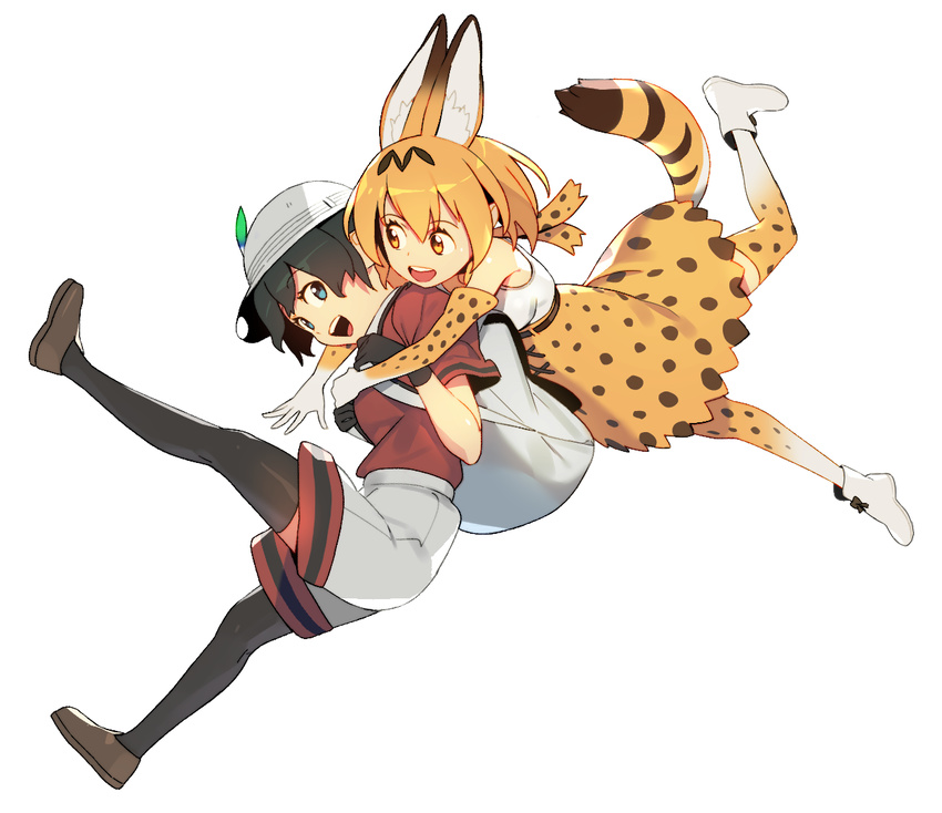 alternate_legwear animal_ears backpack bad_id bad_pixiv_id bag banned_artist black_hair blonde_hair blue_eyes breasts commentary feathers hat jandy kaban_(kemono_friends) kemono_friends medium_breasts multiple_girls serval_(kemono_friends) serval_ears serval_print serval_tail shorts skirt tail thighhighs yellow_eyes