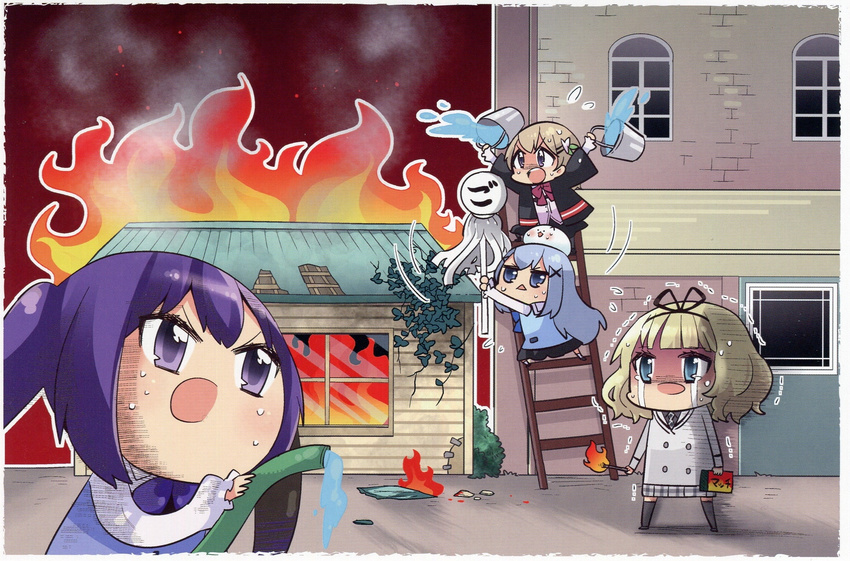 4girls ai_mai_mii angora_rabbit animal animal_on_head arson black_legwear blonde_hair blue_eyes blue_hair blush bow brown_hair bucket building burning burning_building bush chibi choborau_nyopomi corrupted_metadata end_card fire flying_sweatdrops gloom_(expression) gochuumon_wa_usagi_desu_ka? hair_ribbon highres holding hose hoto_cocoa house jitome kafuu_chino kirima_syaro ladder long_hair matchbox matches matoi motion_lines multiple_girls on_head open_mouth outdoors outstretched_arms plaid plaid_skirt plant purple_eyes purple_hair rabbit rabbit_house_uniform ribbon school_uniform shoes skirt sleeves_past_wrists smoke socks standing sweat teardrop tedeza_rize tedeza_rize's_school_uniform thighhighs tippy_(gochiusa) trembling triangle_mouth twintails very_long_hair vines waitress water white_legwear window