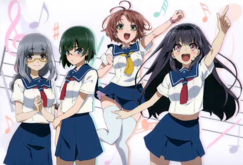 4girls absurdres antenna_hair black_hair blue_eyes blush braid brown_eyes brown_hair glasses gotou_akari green_eyes green_hair grey_hair hair_ornament hairpin happy haruchika highres homura_chika long_hair md5_mismatch multiple_girls narushima_miyoko red_eyes scan school_uniform serizawa_naoko short_hair single_braid smile thighhighs white_legwear