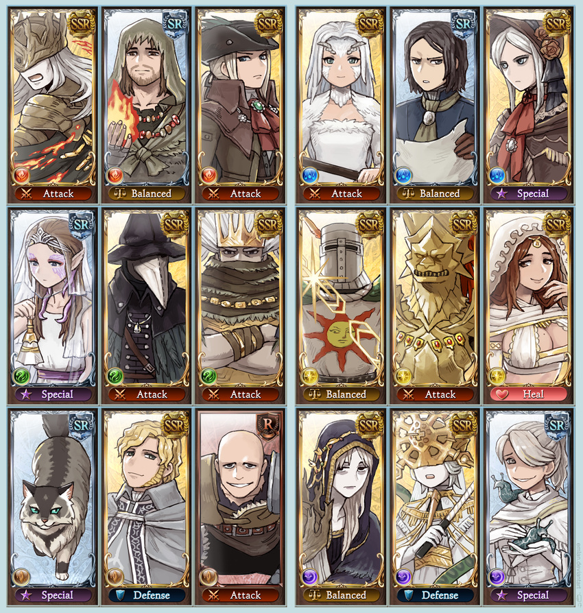 6+boys 6+girls alfred_(bloodborne) armor bags_under_eyes bald beard blonde_hair bloodborne blue_eyes breasts brown_eyes brown_hair cleavage collar colored_skin commentary company_captain_yorshka covered_eyes crossed_arms crossover crown dark_souls_(series) dark_souls_i dark_souls_ii dark_souls_iii dark_sun_gwyndolin dragon_slayer_ornstein eileen_the_crow emlan english_commentary english_text facial_hair fake_screenshot feline from_software full_armor fur_trim gameplay_mechanics granblue_fantasy hair_over_one_eye hat helmet helmet_over_eyes highres hood iosefka lady_maria_of_the_astral_clocktower large_breasts laurentius_of_the_great_swamp looking_at_viewer looking_away lorian_(elder_prince) lothric_(younger_prince) mask mask_over_one_eye mole mole_on_breast multiple_boys multiple_girls nameless_king no_eyebrows orbeck_of_vinheim parody patches_(from_software) plague_doctor_mask plain_doll pointy_ears ponytail priscilla_the_crossbreed queen_of_sunlight_gwynevere robe scarf scarf_over_mouth sidelocks slug small_breasts smile smirk solaire_of_astora sweet_shalquoir torn_clothes tricorne veil white_hair white_skin yellow_eyes