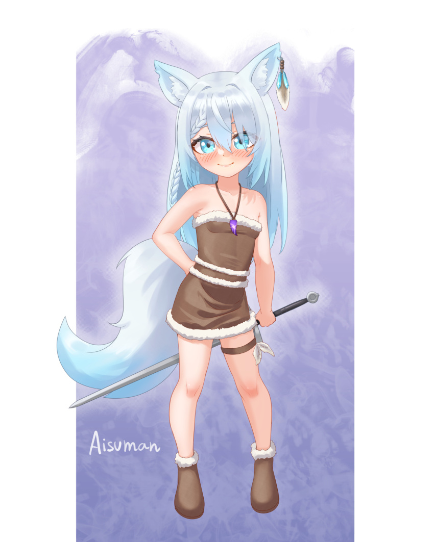 absurdres aisuman animal_ear_fluff animal_ears arm_behind_back artist_name bare_shoulders blue_background blue_eyes blush boots braid breasts brown_dress brown_footwear dress ear_ornament earrings feathers female fox_ears fox_girl fox_tail full_body fur_trim grey_hair hand_on_own_hip highres jewelry long_hair looking_at_viewer original pendant short_dress simple_background small_breasts smile solo strapless strapless_dress sword tail thigh_strap weapon