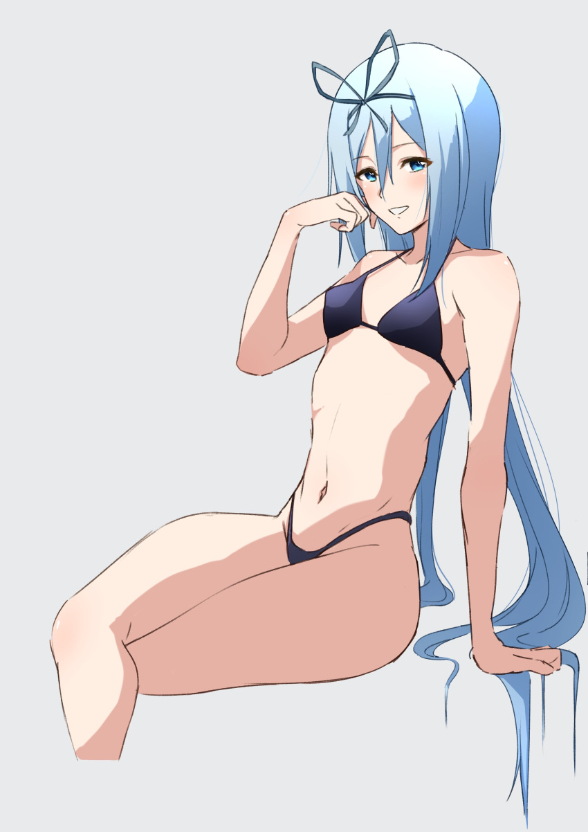 absurdres bikini black_bikini blue_eyes blue_hair breasts commentary_request commission cropped_legs female grey_background highleg highleg_bikini highleg_swimsuit highres invisible_chair krulcifer_einfolk long_hair looking_at_viewer nishizuki_shino saijaku_muhai_no_bahamut simple_background sitting small_breasts solo swimsuit