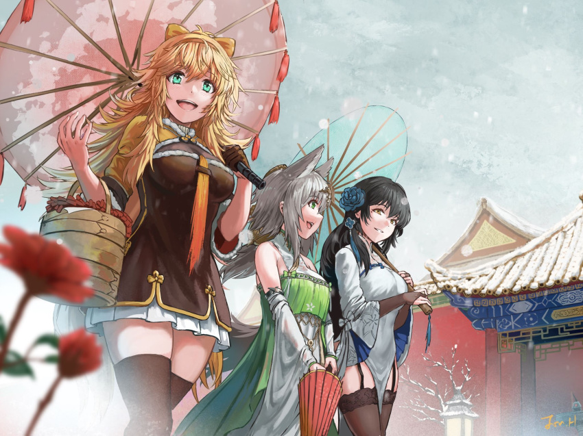 3girls :d animal_ears architecture basket black_hair blonde_hair bow breasts bridal_gauntlets brown_thighhighs china_dress chinese_clothes commentary_request day detached_sleeves dress east_asian_architecture flower flower_request garter_straps girls'_frontline gloves green_eyes grey_hair hair_between_eyes hair_flower hair_ornament hairband hairbow half_gloves highres holding holding_basket holding_umbrella jonathan_h ksvk_(girls'_frontline) ksvk_(grasp_of_the_mimosa)_(girls'_frontline) large_breasts light_blush long_hair looking_at_another looking_at_viewer medium_hair messy_hair mole mole_under_eye multiple_girls official_alternate_costume oil-paper_umbrella open_mouth outdoors s.a.t.8_(girls'_frontline) s.a.t.8_(wintersweet)_(girls'_frontline) signature single_half_glove sleeveless sleeveless_dress smile snow snowing tail teeth thighhighs type_95_(girls'_frontline) type_95_(narcissus)_(girls'_frontline) umbrella upper_teeth_only very_long_hair walking wide_sleeves wolf_ears wolf_tail yellow_eyes