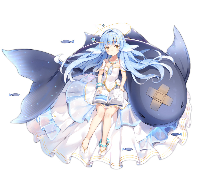 >_< anklet ark_order bangs blue_hair blue_scrunchie book book_on_lap bubble crossed_bandaids detached_sleeves dress female fish head_fins horns jewelry kuen_(ark_order) long_hair looking_at_viewer maya_g narwhal necklace official_art open_book scrunchie short_sleeves single_horn sitting smile solo tachi-e tassel transparent_background very_long_hair white_dress white_footwear wrist_scrunchie yellow_eyes