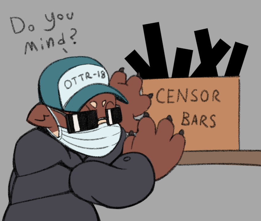 anthro box censor_bar clothing container eyewear face_mask hat headgear headwear humor jacket male mammal mustelid nova_nsfw otter physical_censor_bar solo sunglasses topwear