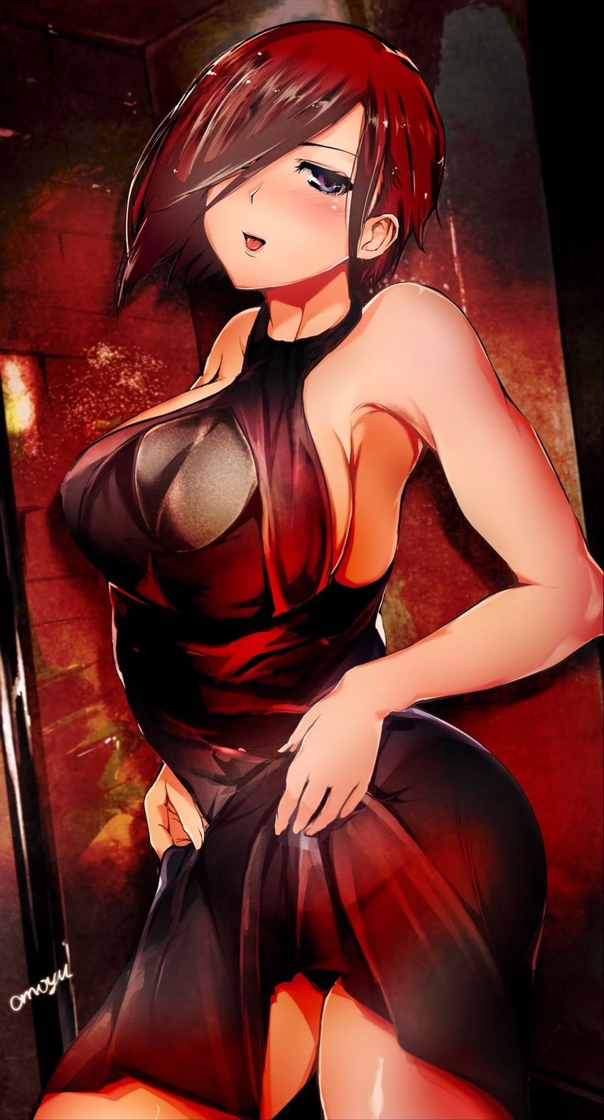 ark_royal_(azur_lane) ark_royal_(guardian_of_the_ball)_(azur_lane) azur_lane black_dress black_hair breasts cleavage cleavage_cutout clothing_cutout cocktail_dress dress female hair_over_one_eye halter_dress halterneck highres large_breasts medium_hair official_alternate_costume omoyu purple_eyes sleeveless sleeveless_dress solo