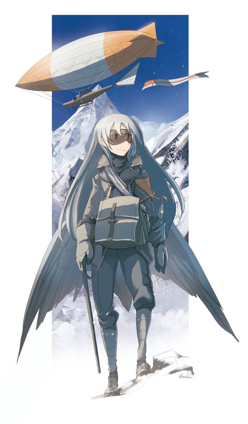 aircraft asterisk_kome bird_tail bird_wings blue_sky coat commentary_request dirigible female flag gloves goggles goggles_on_eyes grey_coat grey_gloves grey_pants highres lesley_wilkins long_hair low_wings mountain pants signature sky standing tail white_hair white_wings winged_fusiliers wings