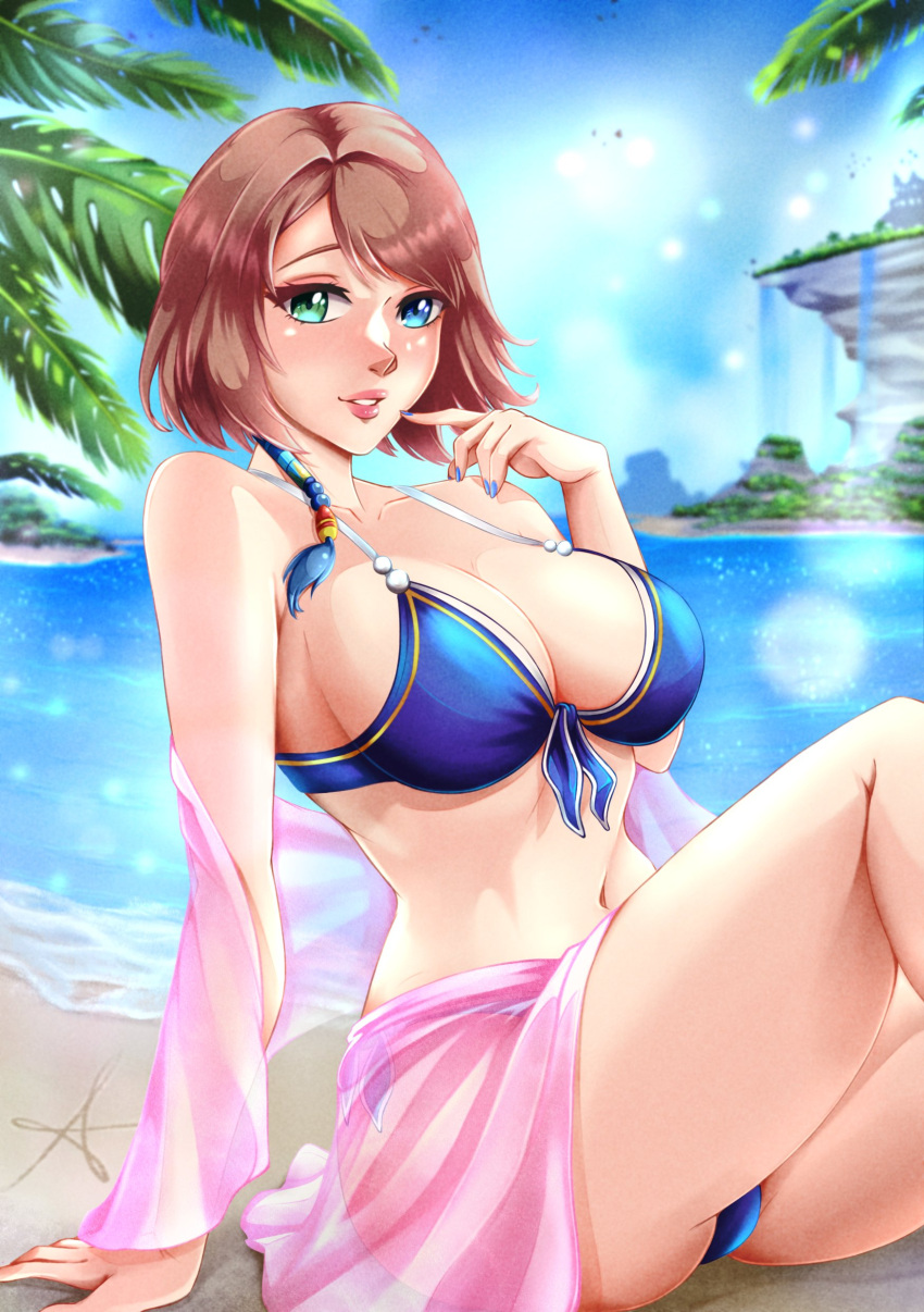 absurdres arm_support ass asymmetrical_bangs bare_shoulders beach beads bikini blue_bikini blue_nails blue_sky blurry blurry_background bob_cut breasts brown_hair cleavage day female final_fantasy final_fantasy_x finger_to_mouth fingernails front-tie_bikini_top front-tie_top gold_trim hair_ornament highres large_breasts navel outdoors palm_tree parted_hair parted_lips pink_sarong pink_sash pink_shawl raised_eyebrows red_draws5 sand sarong sash see-through see-through_sarong see-through_shawl shawl signature sitting sky solo swimsuit tassel tassel_hair_ornament teeth tree water waterfall yuna_(ff10)