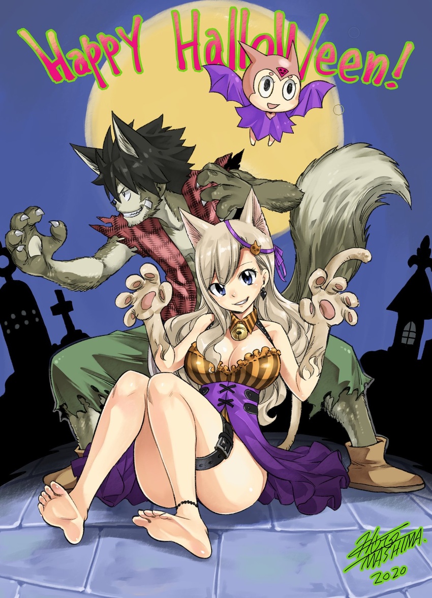 1boy animal_ears anklet barefoot black_hair blonde_hair blue_eyes blush breasts cat_ears cat_girl cat_tail character_request cleavage dated eden's_zero female halloween halloween_costume highres jewelry large_breasts lips long_hair looking_at_viewer mashima_hiro parted_lips rebecca_bluegarden shiki_granbell short_hair signature smile spiked_hair tail teeth werewolf wolf_boy wolf_ears wolf_tail