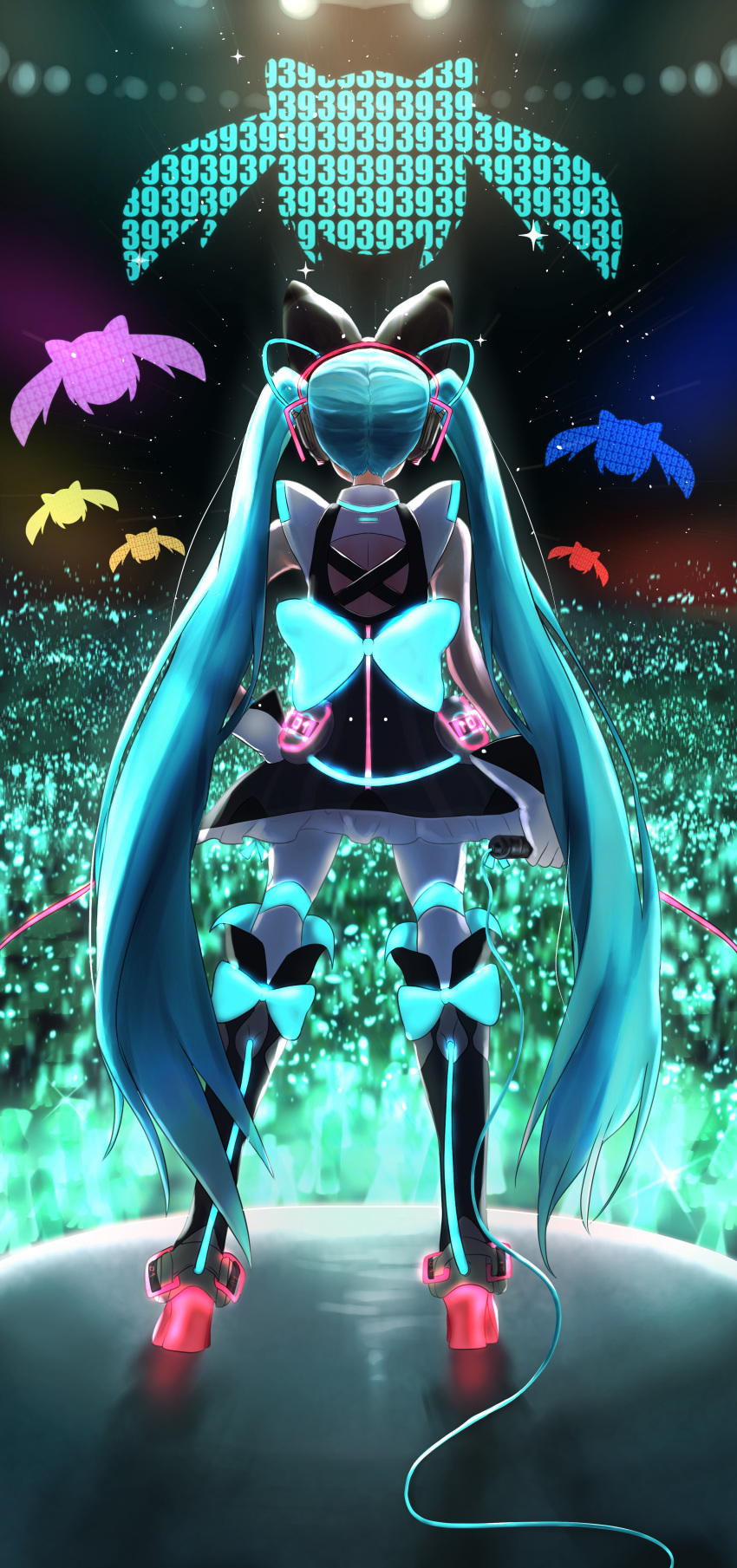 39 39_music_(vocaloid) absurdres aqua_hair audience backlighting black_bow black_dress bow cable commentary concert criss-cross_back-straps dress dress_bow female frilled_skirt frills from_behind full_body gloves glowstick hair_ornament hairbow hand_on_own_hip hatsune_miku headphones high_heels highres holding holding_microphone hoop_skirt itogari long_hair magical_mirai_(vocaloid) magical_mirai_miku magical_mirai_miku_(2016) microphone neon_trim penlight_(glowstick) skirt standing twintails very_long_hair vocaloid white_gloves