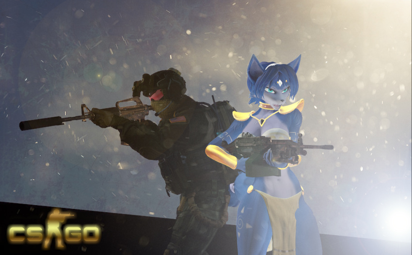 3d_(artwork) anthro armor biped blue_body blue_eyes blue_fur blue_hair bokeh bulletproof_vest canid canine clothed clothing counter-strike counter_strike:_global_offensive countershade_face countershade_torso countershading deltafoxtrot212 digital_media_(artwork) duo female fox fully_clothed fur gun hair headgear helmet hi_res holding_gun holding_object holding_ranged_weapon holding_weapon human jewelry krystal_(star_fox) lens_flare machine_gun male mammal markings midriff navel nintendo particles pelvic_curtain ranged_weapon rifle skimpy star_fox valve warfare_krystal warfare_machine weapon white_markings