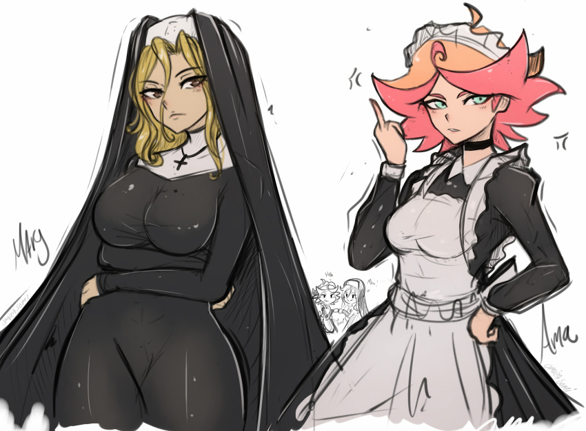 2girls alternate_costume amanda_o'neill apron black_dress blonde_hair breasts brown_eyes choker commentary_request cross crossover dimaria_yesta dress enmaided fairy_tail frilled_apron frills green_eyes habit hair_between_eyes highres large_breasts little_witch_academia maid maid_apron maid_headdress medium_breasts middle_finger multicolored_hair multiple_girls nun omiza_somi orange_hair simple_background traditional_nun two-tone_hair waist_apron white_apron white_background