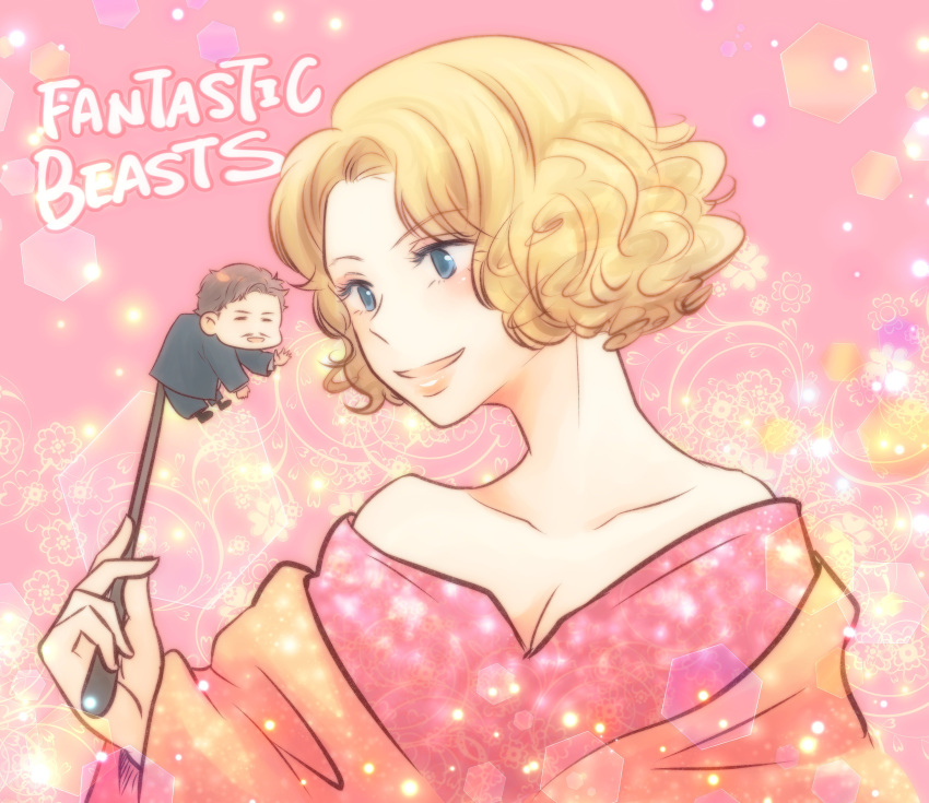 1boy absurdres blonde_hair blue_eyes breasts brown_hair chibi cleavage commentary_request copyright_name curly_hair facial_hair fantastic_beasts_and_where_to_find_them female flower highres jacob_kowalski moustache open_mouth paleatus pink_background queenie_goldstein sparkle wand wizarding_world