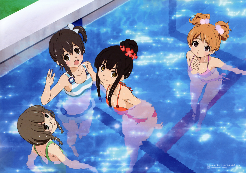 4girls :d :o alternate_hairstyle aoi_akira bikini black_hair bow brown_eyes brown_hair glasses green_eyes hairbow highres imageboard_desourced kominato_ruuko kurebayashi_yuzuki multiple_girls non-web_source official_art open_mouth pool selector_wixoss side_ponytail smile striped_bikini striped_clothes swimsuit twintails uemura_hitoe water wixoss