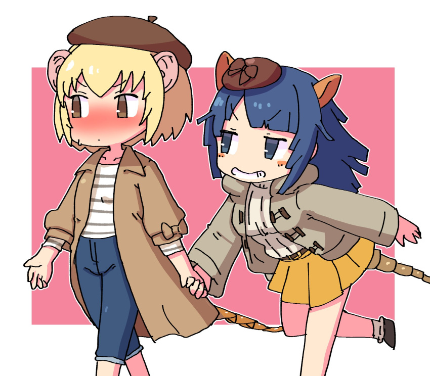 2girls armadillo_ears armadillo_tail beret blonde_hair blue_eyes blue_hair blush brown_coat brown_eyes brown_headwear capri_pants casual coat commentary_request cowboy_shot denim extra_ears giant_armadillo_(kemono_friends) giant_pangolin_(kemono_friends) grey_jacket hat highres holding_hands hood hood_down jacket jeans kemono_friends kemono_friends_3 long_coat long_hair long_sleeves looking_at_another looking_away multiple_girls nose_blush official_alternate_costume pangolin_ears pangolin_tail pants pleated_skirt pozesuke shirt short_hair short_sleeves skirt smile white_shirt yellow_skirt