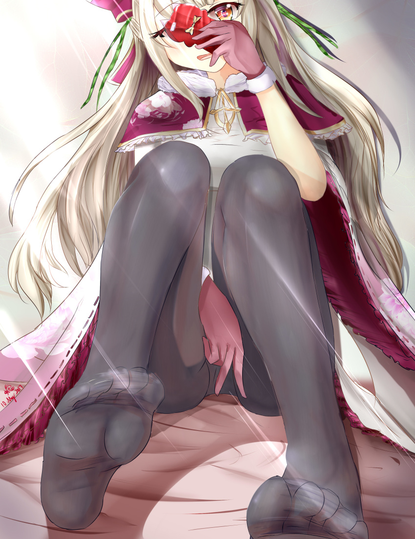 absurdres bad_id bad_pixiv_id bed between_legs black_pantyhose blonde_hair cape capelet dated day ebiko_yaki feet female floral_print frilled_capelet frills gloves green_ribbons hand_between_legs hand_up highres holding holding_phone indoors jewelry knees_up legs long_hair loussier_ellerensia no_shoes on_bed pantyhose pendant phone red_eyes red_gloves ribbon selfie shironeko_project signature sitting solo sunlight