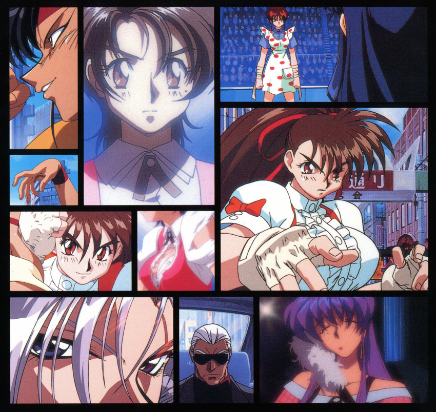 1990s_(style) 1boy 6+girls black_hair blue_eyes brown_eyes brown_hair clenched_hand closed_eyes collage dark-skinned_female dark_skin earrings fingerless_gloves gloves hair_ribbon high_ponytail highres jewelry kubota_jun long_hair looking_at_viewer multiple_girls non-web_source official_art parted_lips purple_hair red_eyes retro_artstyle ribbon scan short_sleeves smile takeuchi_yuka torn_clothes variable_geo yajima_satomi yuuki_ayako