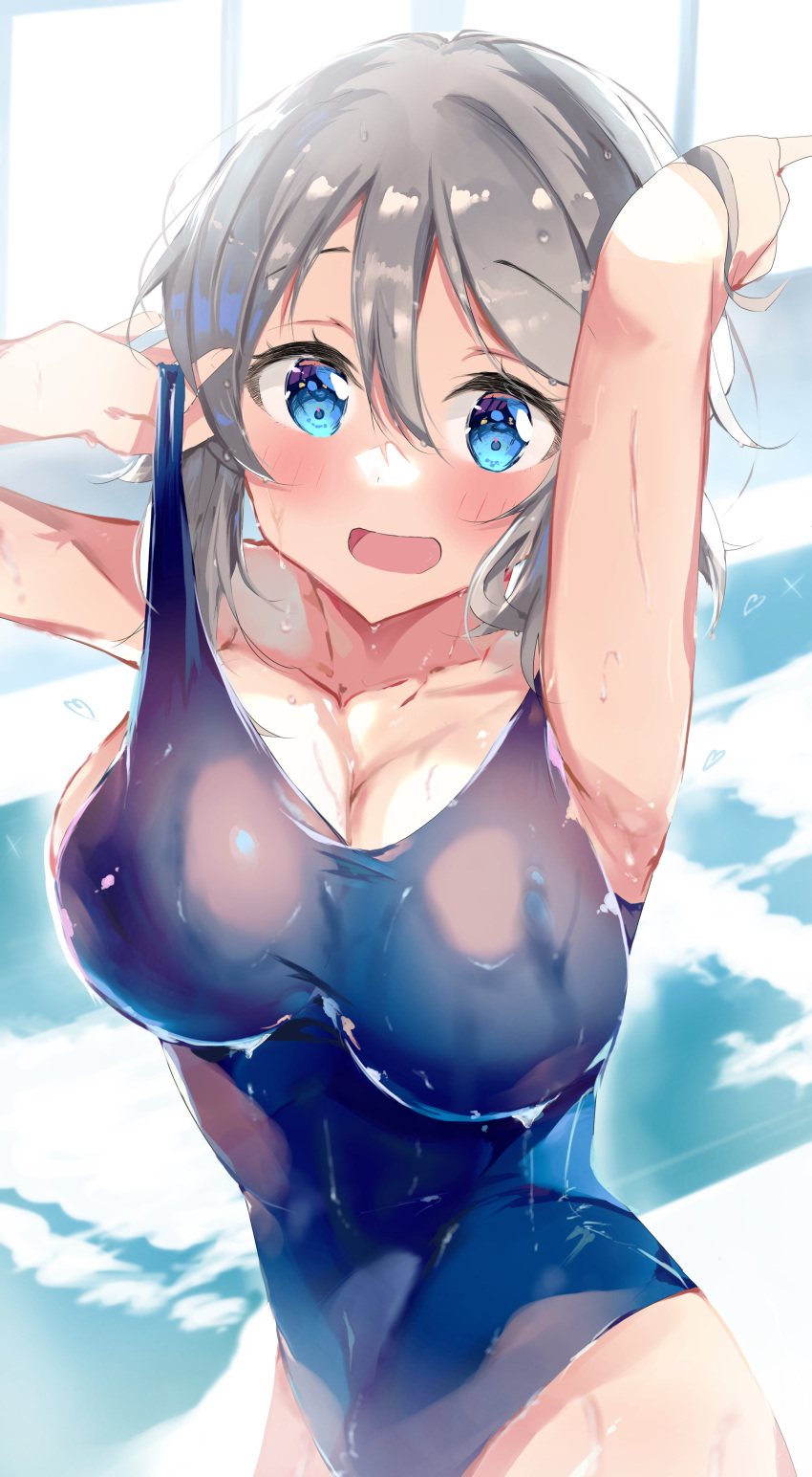 absurdres armpit_crease armpits blush breasts brown_hair cleavage female grey_hair highres large_breasts love_live! love_live!_sunshine!! one-piece_swimsuit open_mouth pool school_swimsuit short_hair shouma_(1026syoma) simple_background solo swimsuit thighs watanabe_you water wavy_hair wet wet_clothes wet_hair