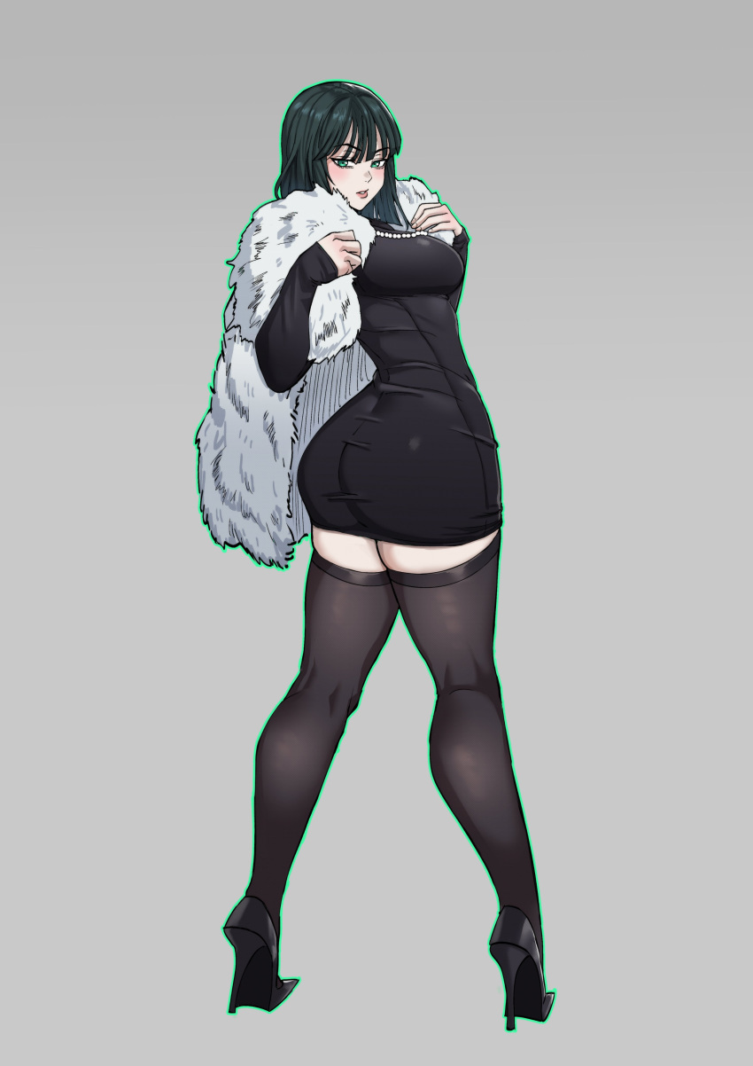 absurdres ass black_dress black_hair blunt_bangs breasts coat dress eyebrows_hidden_by_hair facing_away female fubuki_(one-punch_man) full_body fur_coat green_eyes grey_background high_heels highres jewelry large_breasts lips looking_at_viewer looking_back mg991998 necklace one-punch_man parted_lips pearl_necklace short_hair simple_background solo thighhighs twisted_torso white_fur zettai_ryouiki