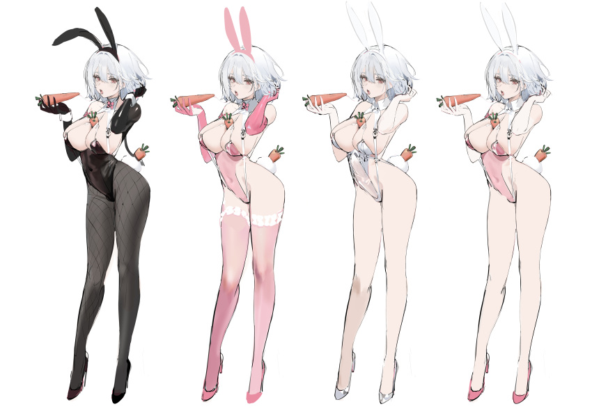 absurdres animal_ears azur_lane between_breasts black_footwear black_gloves black_hairband black_leotard black_pantyhose bow breasts carrot concept_art covered_navel elbow_gloves fake_animal_ears fake_tail female fishnet_pantyhose fishnets full_body gloves grey_footwear grey_hair grey_leotard hairband high_heels highres holding holding_carrot kincora leotard looking_at_viewer official_alternate_costume pantyhose pink_bow pink_eyes pink_footwear pink_gloves pink_hairband pink_leotard pink_thighhighs rabbit_ears rabbit_tail saliva saliva_trail simple_background sirius_(azur_lane) standing tail thighhighs tongue tongue_out white_background white_hairband