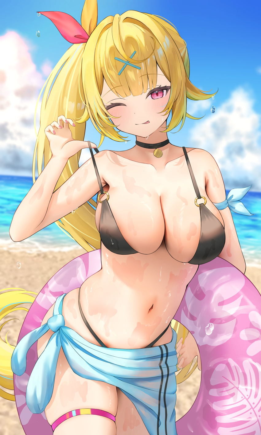 absurdres beach bikini black_bikini black_choker blonde_hair breasts choker female hair_ornament hairclip highres hoshikawa_sara large_breasts long_hair looking_at_viewer navel nijisanji one_eye_closed outdoors p-tomi pink_eyes sarong solo swimsuit thigh_strap virtual_youtuber wet