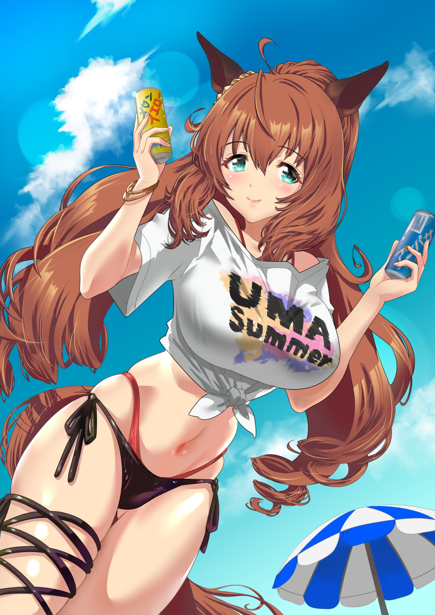 absurdres animal_ears beach_umbrella bikini black_bikini blue_sky breasts brown_hair can cloud commission female highres holding holding_can horse_ears horse_girl horse_tail kazakoshi_nonta large_breasts long_hair looking_at_viewer maruzensky_(umamusume) navel outdoors shirt side-tie_bikini_bottom skeb_commission sky smile solo stomach swimsuit tail umamusume umbrella