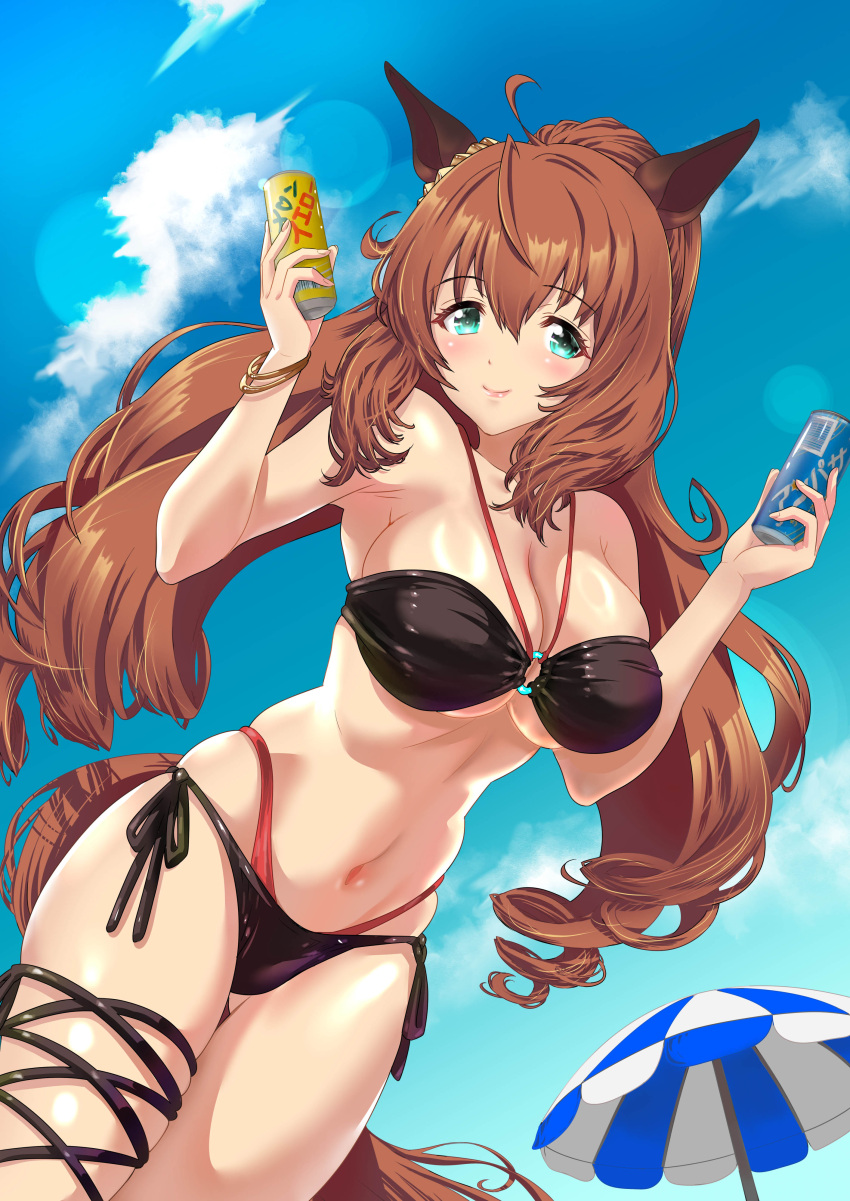 absurdres animal_ears beach_umbrella bikini black_bikini blue_sky breasts brown_hair can cloud commission female highres holding holding_can horse_ears horse_girl horse_tail kazakoshi_nonta large_breasts long_hair looking_at_viewer maruzensky_(umamusume) navel outdoors side-tie_bikini_bottom skeb_commission sky smile solo stomach swimsuit tail umamusume umbrella