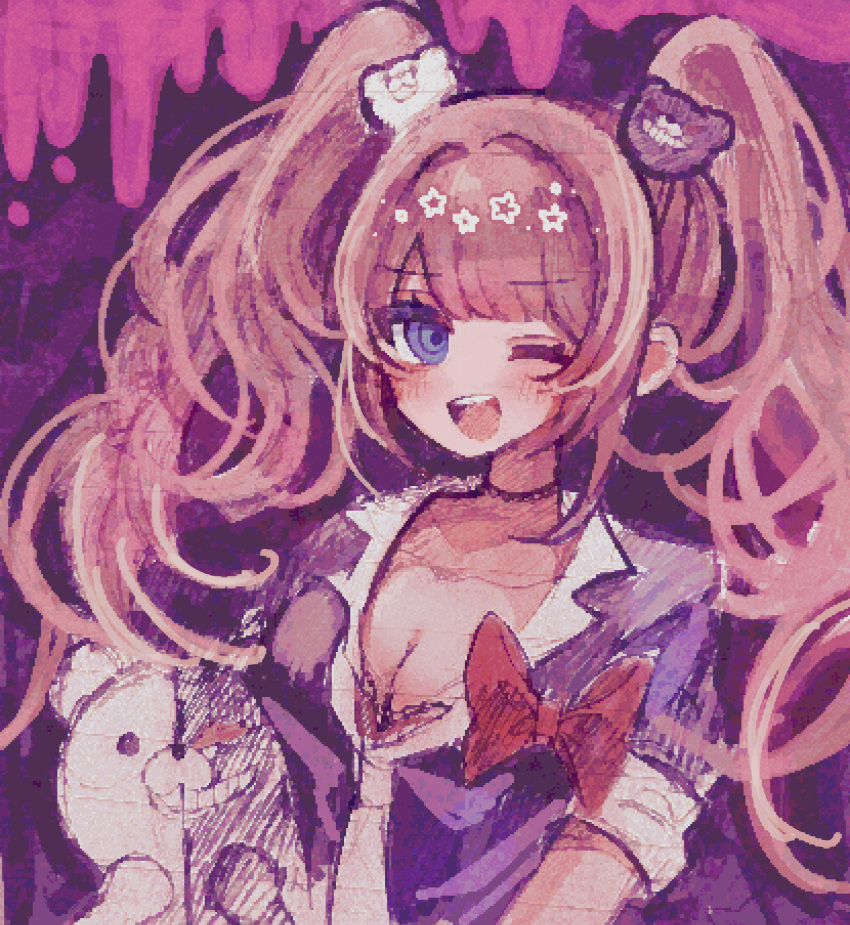 ;d absurdres bear_hair_ornament black_choker black_shirt blue_eyes blush bow breasts choker cleavage danganronpa:_trigger_happy_havoc danganronpa_(series) enoshima_junko female grin hair_ornament highres large_breasts monokuma multicolored_background necktie one_eye_closed red_bow sasahara_kurage shirt short_sleeves smile solo teeth twintails