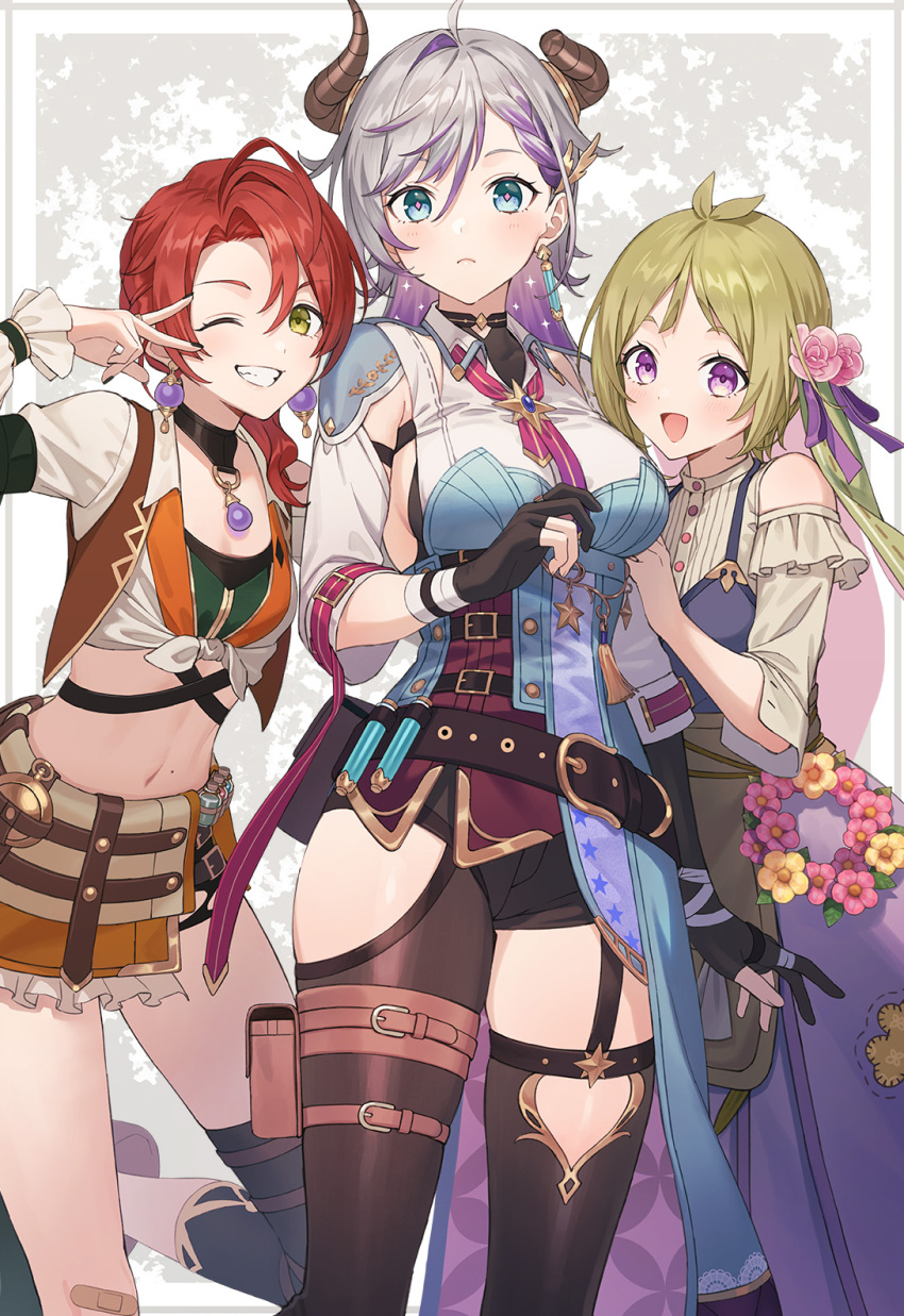 3girls ahoge artist_request atelier_(series) atelier_resleriana bandaid belt belt_bag black_choker black_shorts black_thighhighs blue_coat blue_eyes blush breasts broken_horn brown_jacket brown_skirt check_artist choker closed_mouth clothing_cutout coat crop_top demon_horns dress earrings flocke_cerha flower flower_wreath frilled_skirt frilled_sleeves frills gloves green_hair green_shirt grin hair_between_eyes hair_flower hair_ornament heidi_(atelier) highres horns jacket jewelry knee_pads long_sleeves midriff multicolored_hair multiple_belts multiple_girls official_art one_eye_closed partially_fingerless_gloves pouch promotional_art puffy_long_sleeves puffy_sleeves purple_dress purple_eyes purple_hair red_hair shirt shorts shoulder_cutout showgirl_skirt sideboob simple_background single_earring single_knee_pad skirt smile standing swept_bangs textless_version thigh_belt thigh_pouch thigh_strap thighhighs tied_shirt tokki two-tone_hair v valeria_(atelier) white_hair white_shirt yellow_eyes