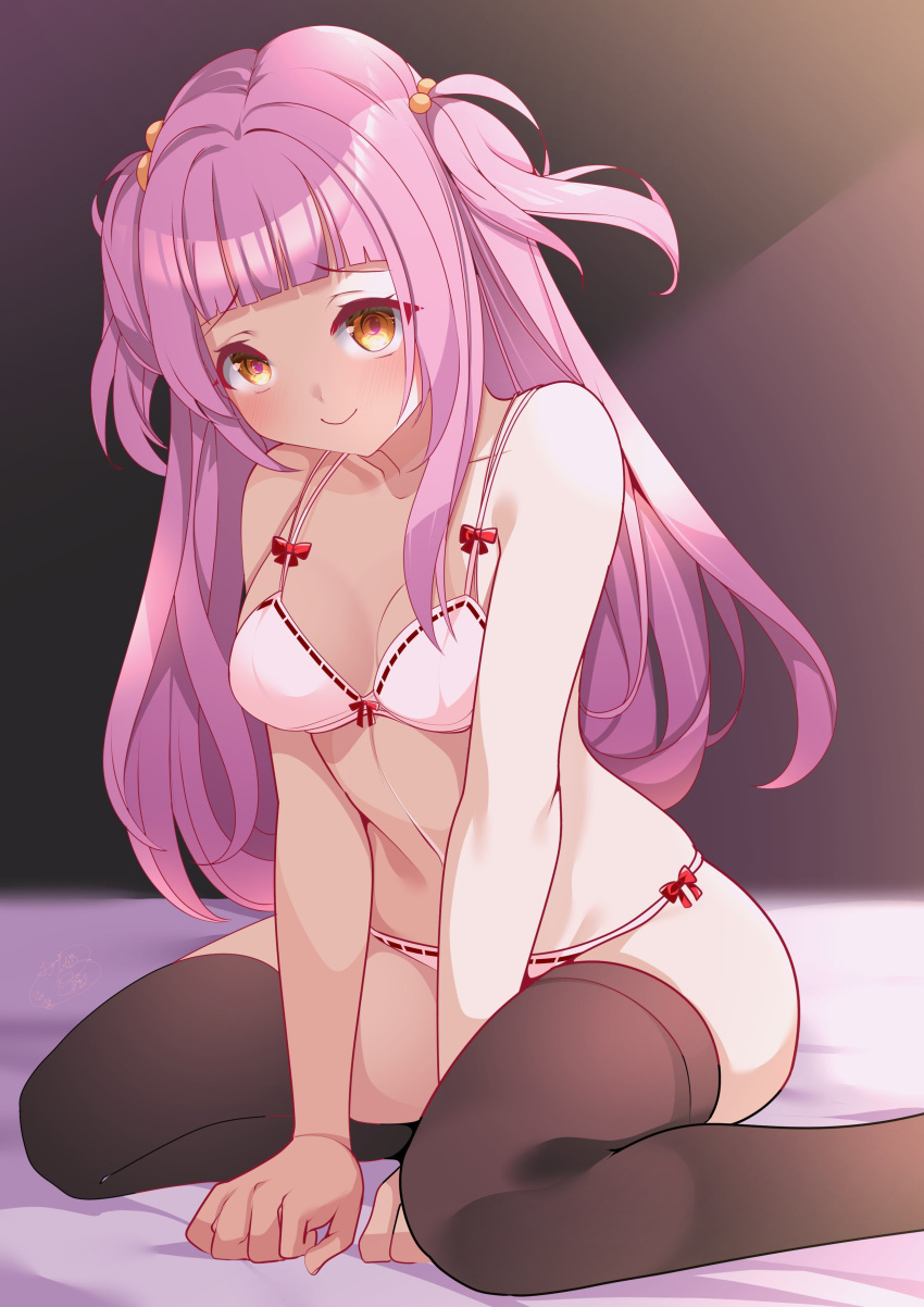 absurdres azur_lane bare_shoulders black_thighhighs blush bra breasts closed_mouth female highres lingerie long_hair looking_at_viewer orange_eyes origami_aya panties purple_hair ribbon-trimmed_bra ribbon-trimmed_panties signature sitting small_breasts smile solo spence_(azur_lane) thighhighs two_side_up underwear wariza white_bra white_panties