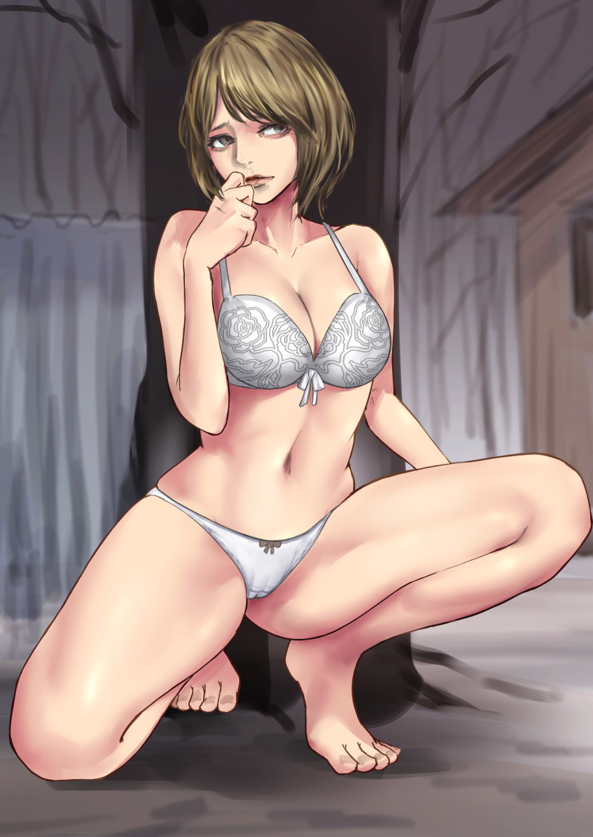 absurdres ashley_graham barefoot blonde_hair bob_cut bow bow_bra bow_panties bra breasts cleavage closed_mouth commentary_request crotch_seam female frown half-closed_eyes hand_to_own_mouth highres looking_at_viewer medium_breasts navel on_one_knee outdoors panties partial_commentary resident_evil resident_evil_4 short_hair solo toutou_(user_ujng4425) tree underwear underwear_only white_bra white_panties