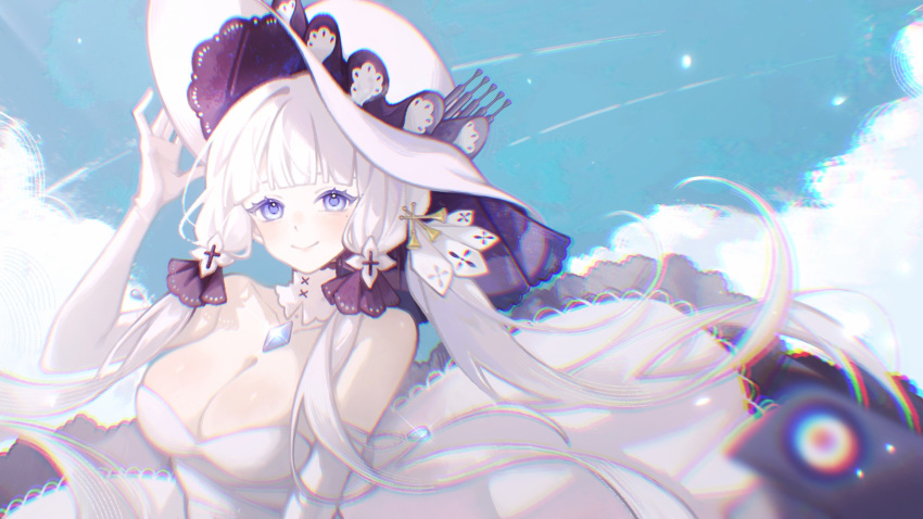 azur_lane bare_shoulders blue_eyes blue_gemstone blue_sky breasts chromatic_aberration cleavage collarbone commentary_request detached_collar dress elbow_gloves female gem gloves hair_ornament hat highres illustrious_(azur_lane) korikr32 lace-trimmed_headwear lace_trim large_breasts long_hair looking_at_viewer mole mole_under_eye sky smile solo strapless strapless_dress sun_hat tri_tails upper_body very_long_hair white_dress white_gloves white_hair white_hat